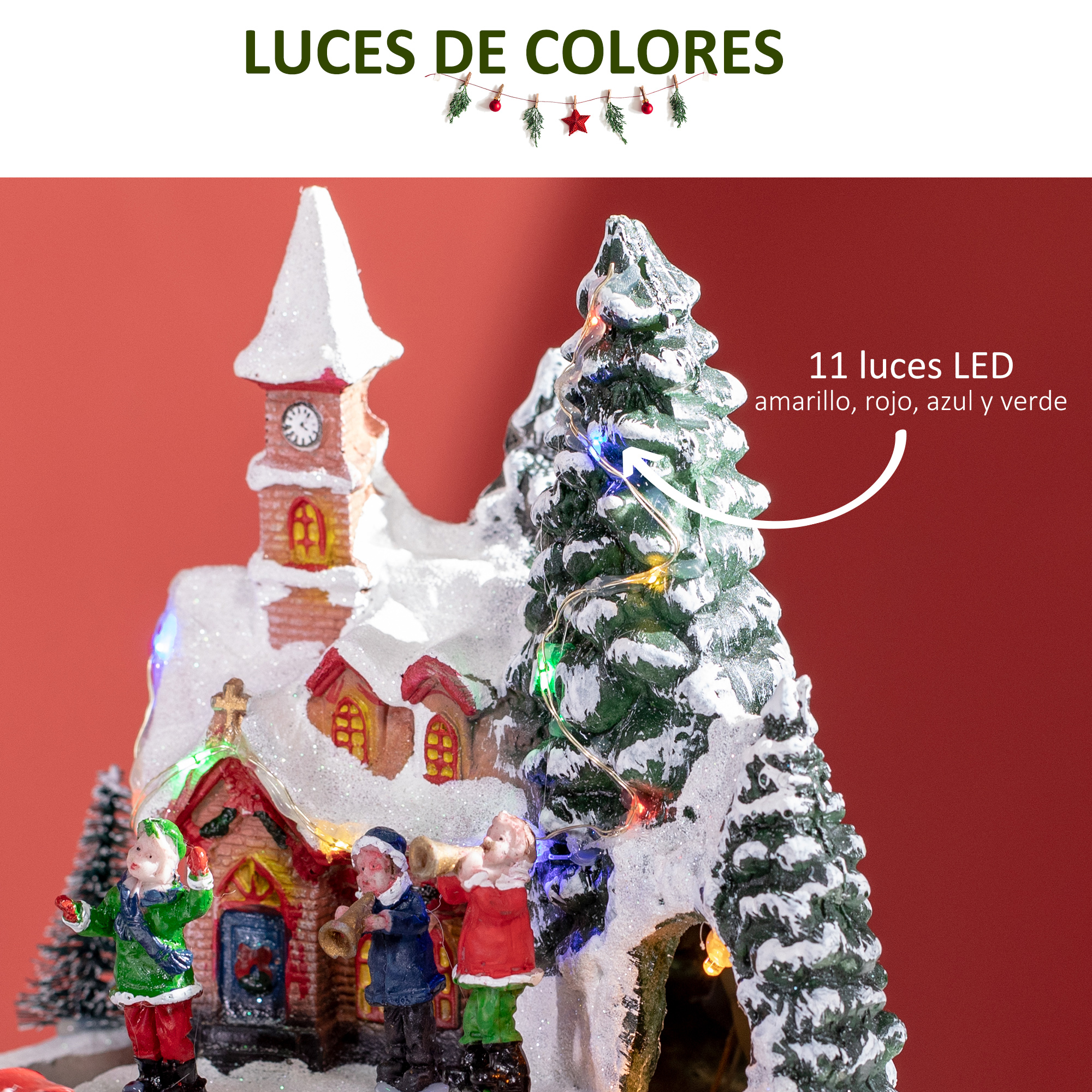 Figura navideña de pueblo nevado con iglesia, figuras tocando instrumentos y árbol con 11 luces LED.