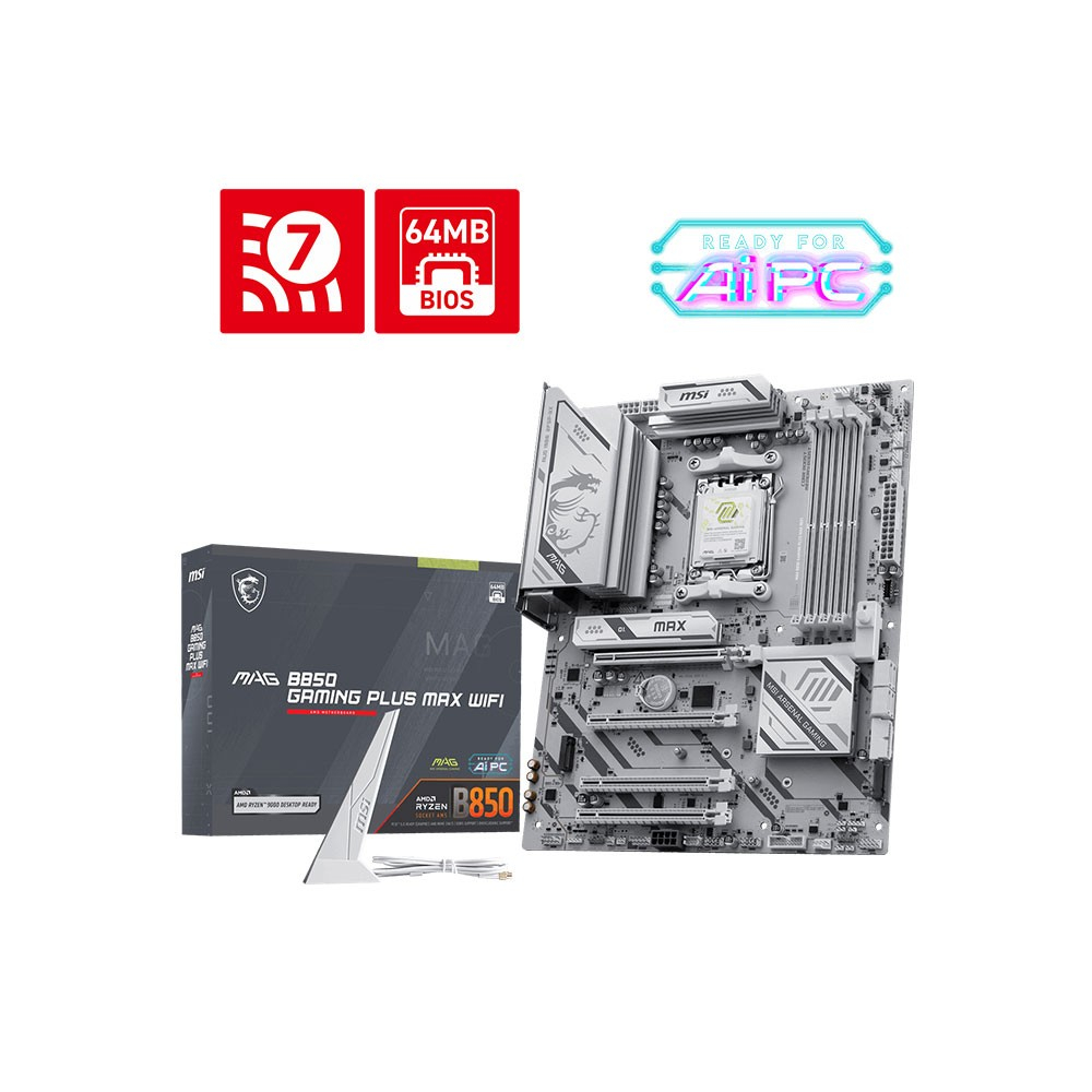 Scheda madre MSI MAG B850 Gaming Plus Max WiFi con scatola, antenna Wi-Fi e icone delle funzioni.