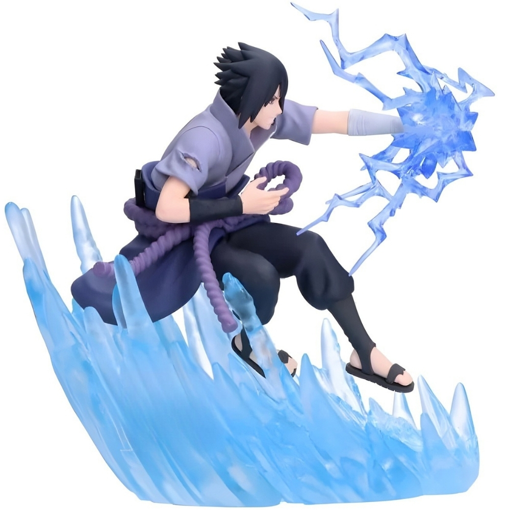 Figura de anime de Sasuke lanzando chidori de rayos azules sobre picos translúcidos.