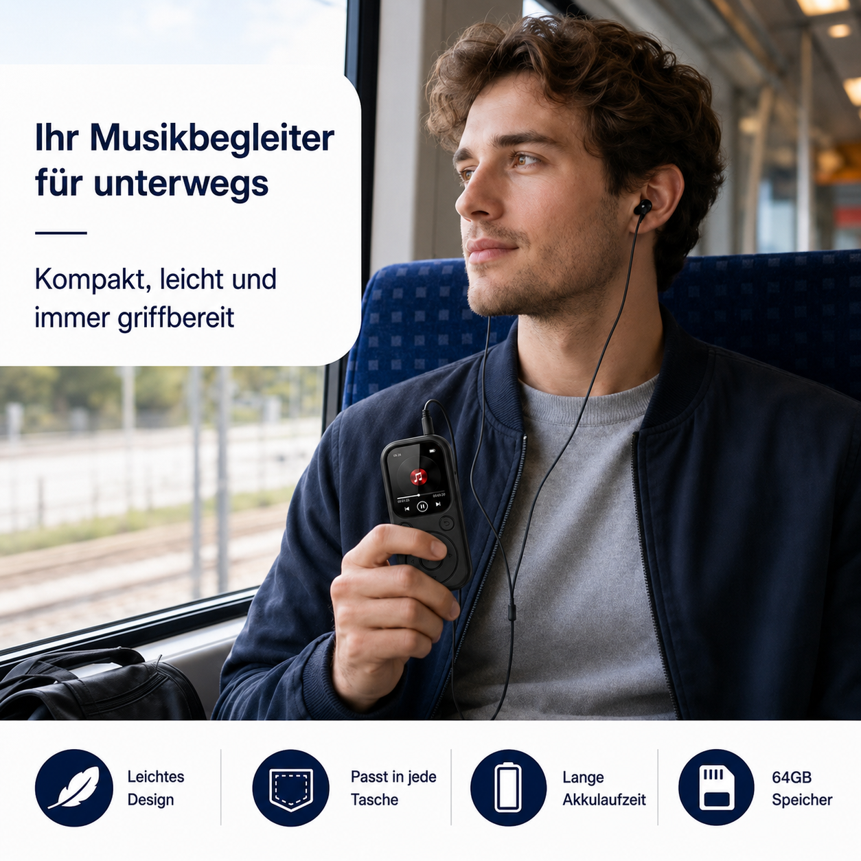 Ein junger Mann sitzt in einem Zug, hört Musik mit Kopfhörern und hält einen kleinen MP3-Player in der Hand.