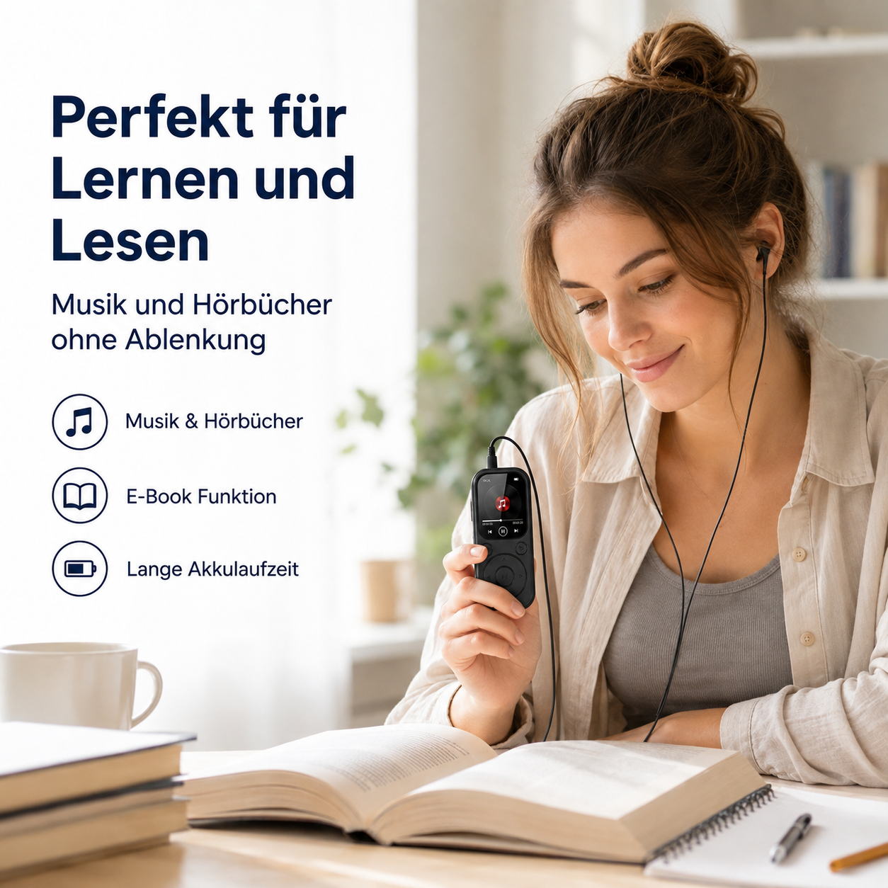 Eine Frau liest ein Buch, trägt Kopfhörer und hält einen kleinen MP3-Player.
