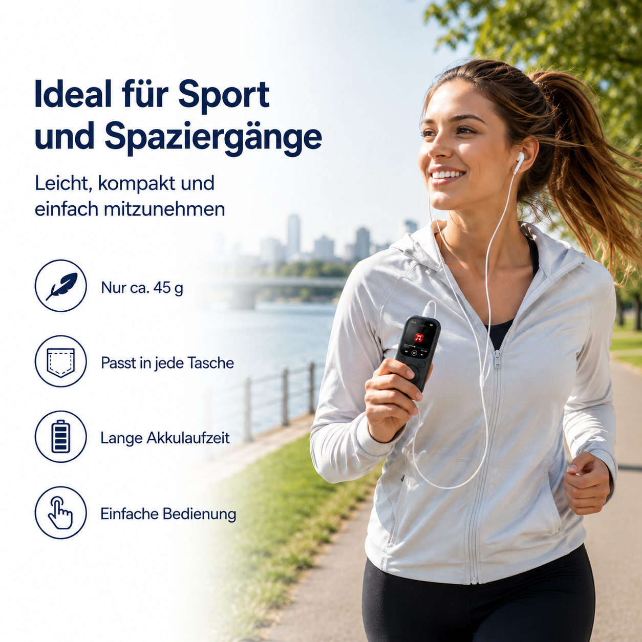 Eine junge Frau lächelt beim Joggen am Flussufer und hält einen kleinen MP3-Player mit Kopfhörern in der Hand.