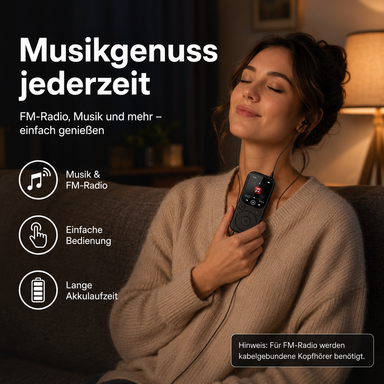 Eine Frau hört entspannt mit Kopfhörern und einem kleinen MP3-Player Musik auf einem Sofa.