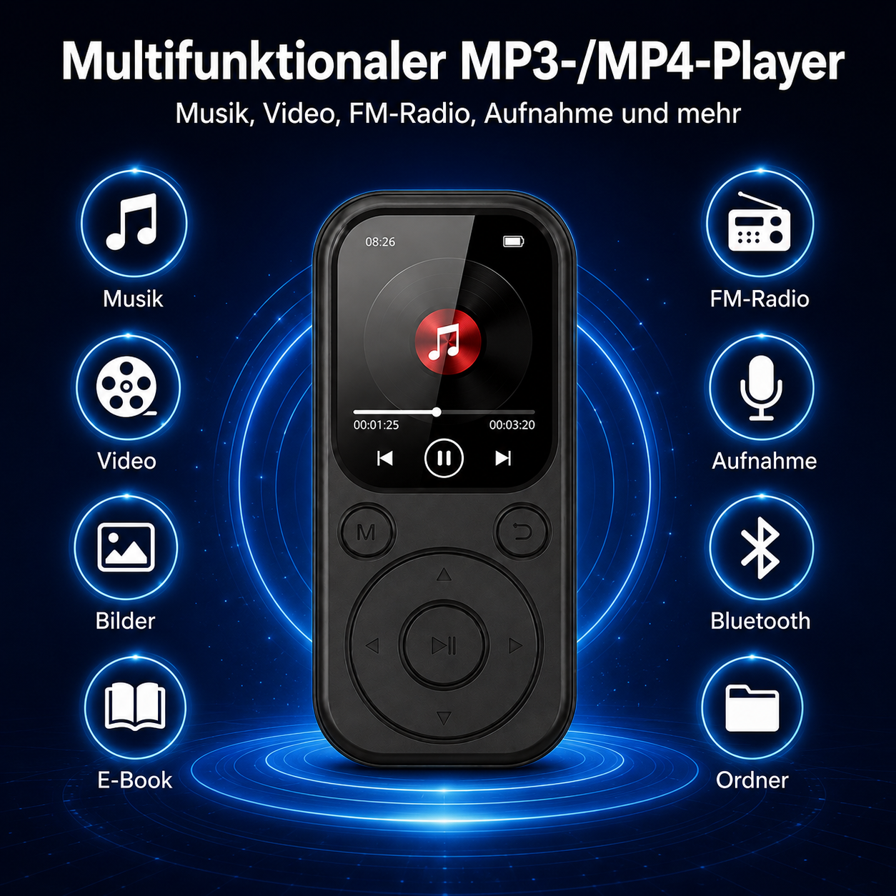 Ein schwarzer MP3/MP4-Player steht zentral, umgeben von leuchtend blauen Symbolen für Musik, Video und andere Funktionen.