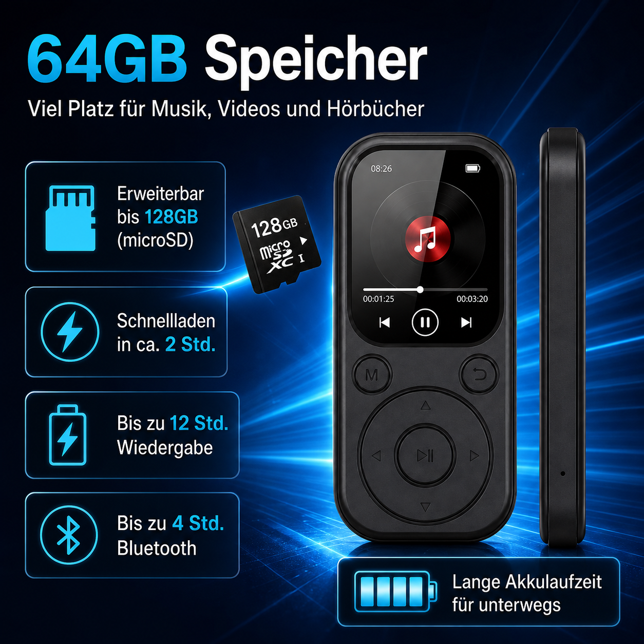 Schwarzer MP3-Player mit 64GB Speicher, microSD-Erweiterung und Infografiken zu Features auf blauem Hintergrund.