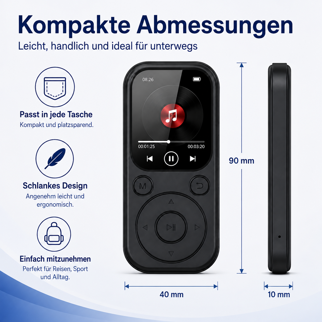 Kompakter MP3-Player mit den Maßen 90x40x10 mm, leicht und tragbar mit Display und Steuertasten.