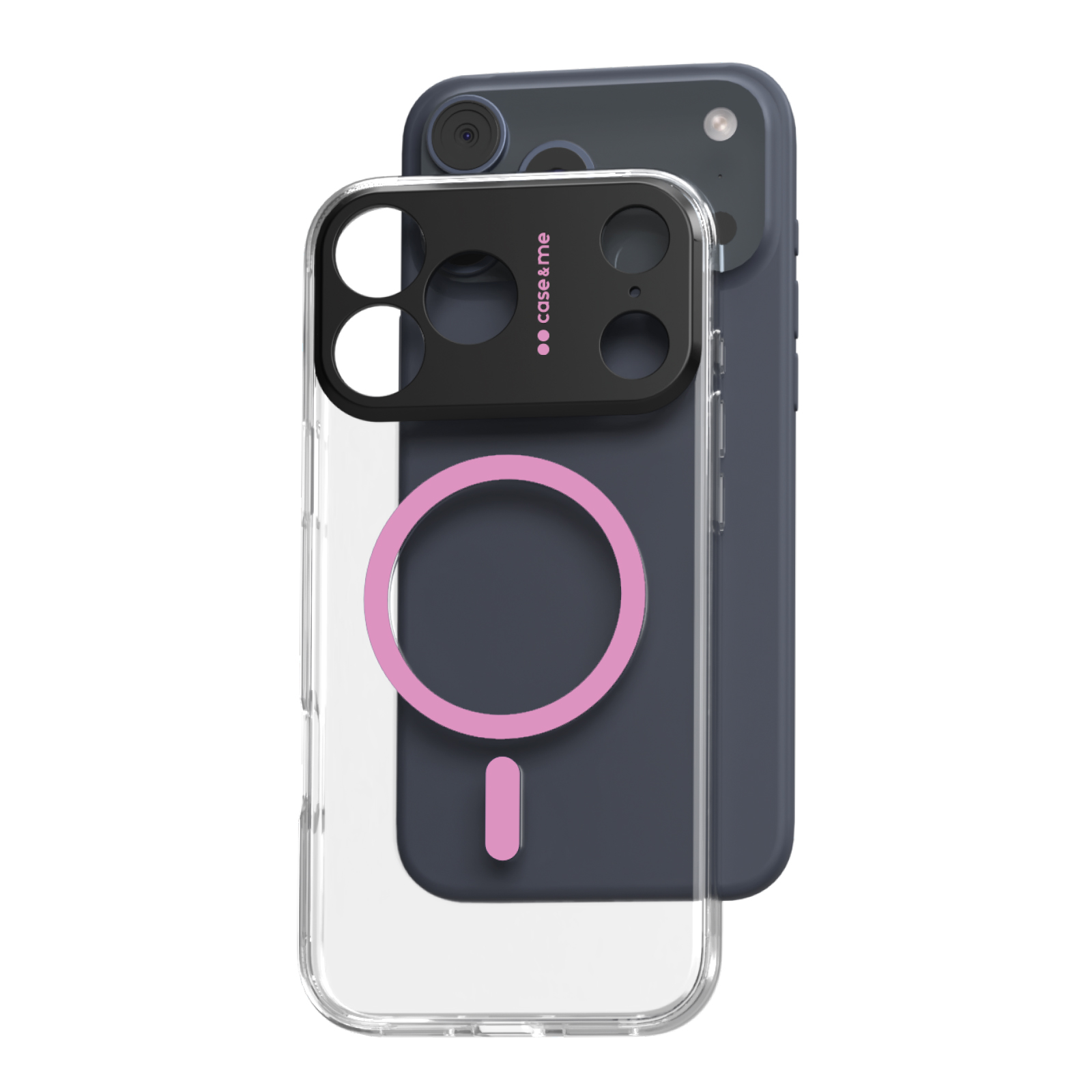 Un smartphone oscuro en una funda transparente con un anillo magnético rosa y marco de cámara negro.