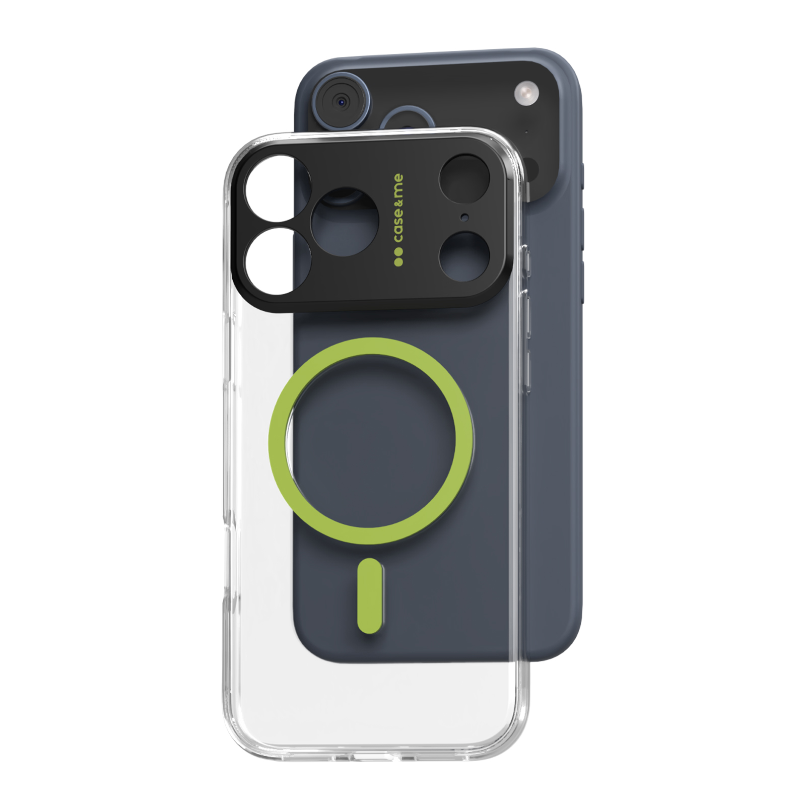 Una funda transparente con un anillo magnético verde se coloca frente a un smartphone azul oscuro.