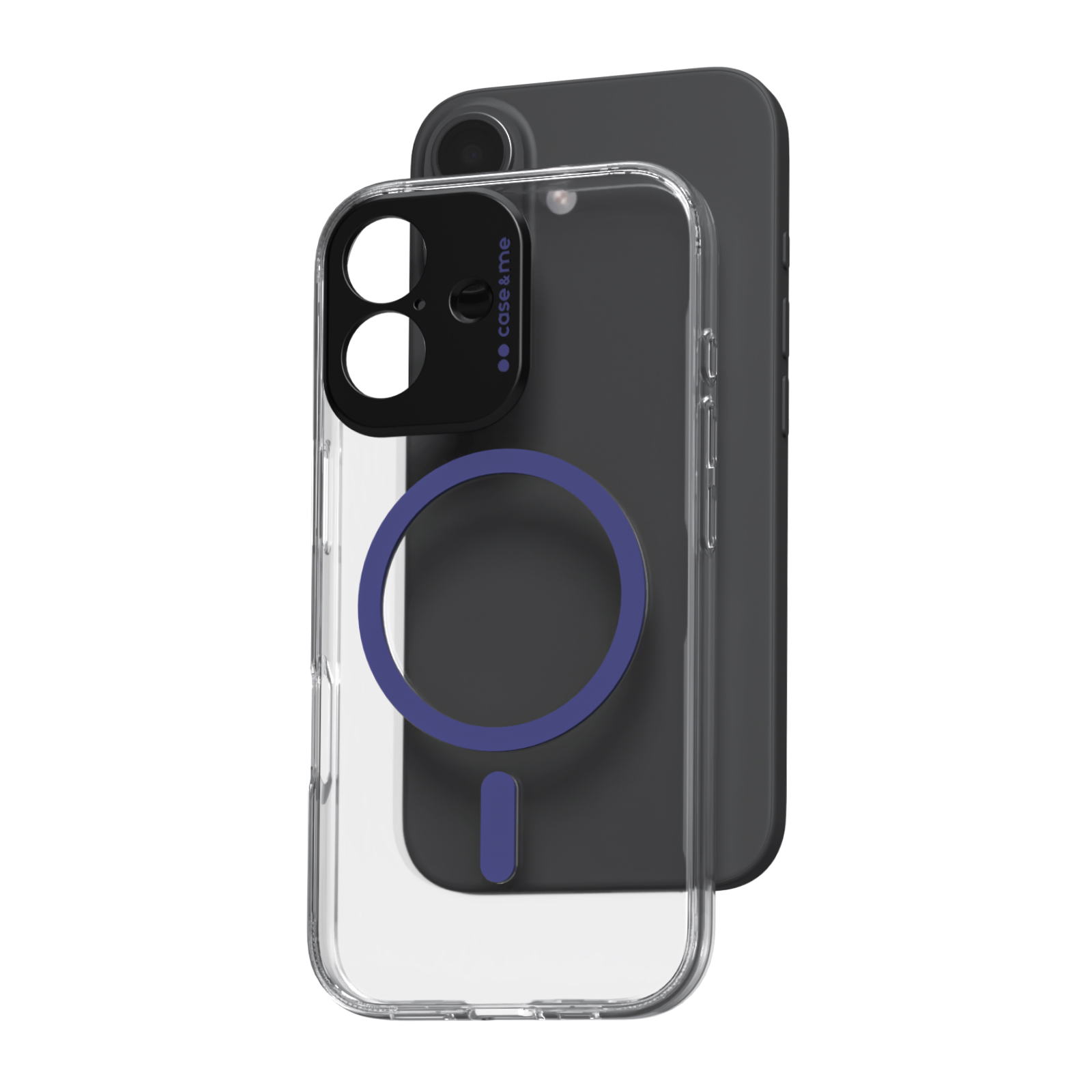 Uno smartphone nero con una custodia protettiva trasparente dotata di un anello MagSafe blu.
