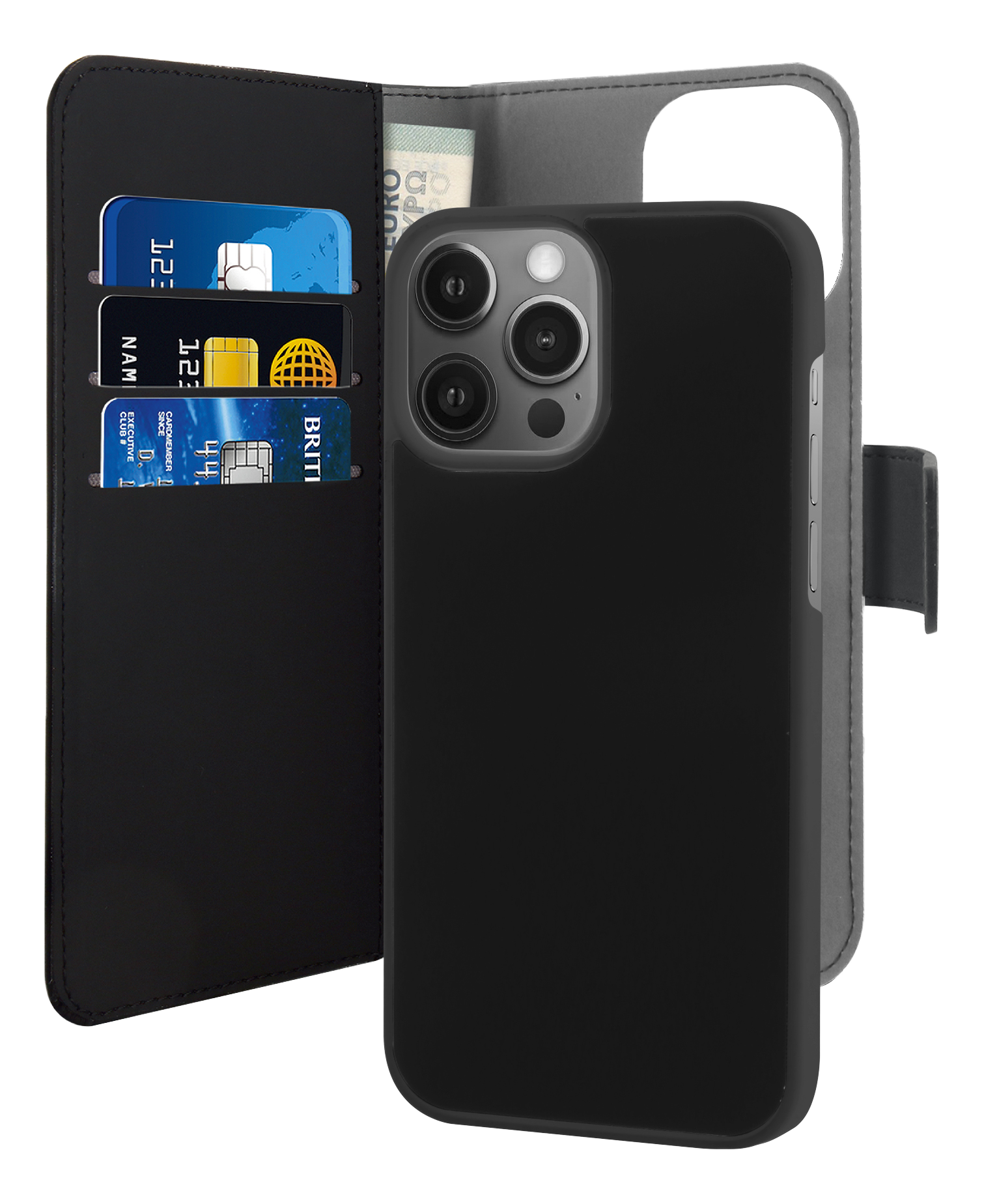 Custodia per telefono in pelle nera con slot per carte, contanti e uno smartphone all'interno, su sfondo nero.