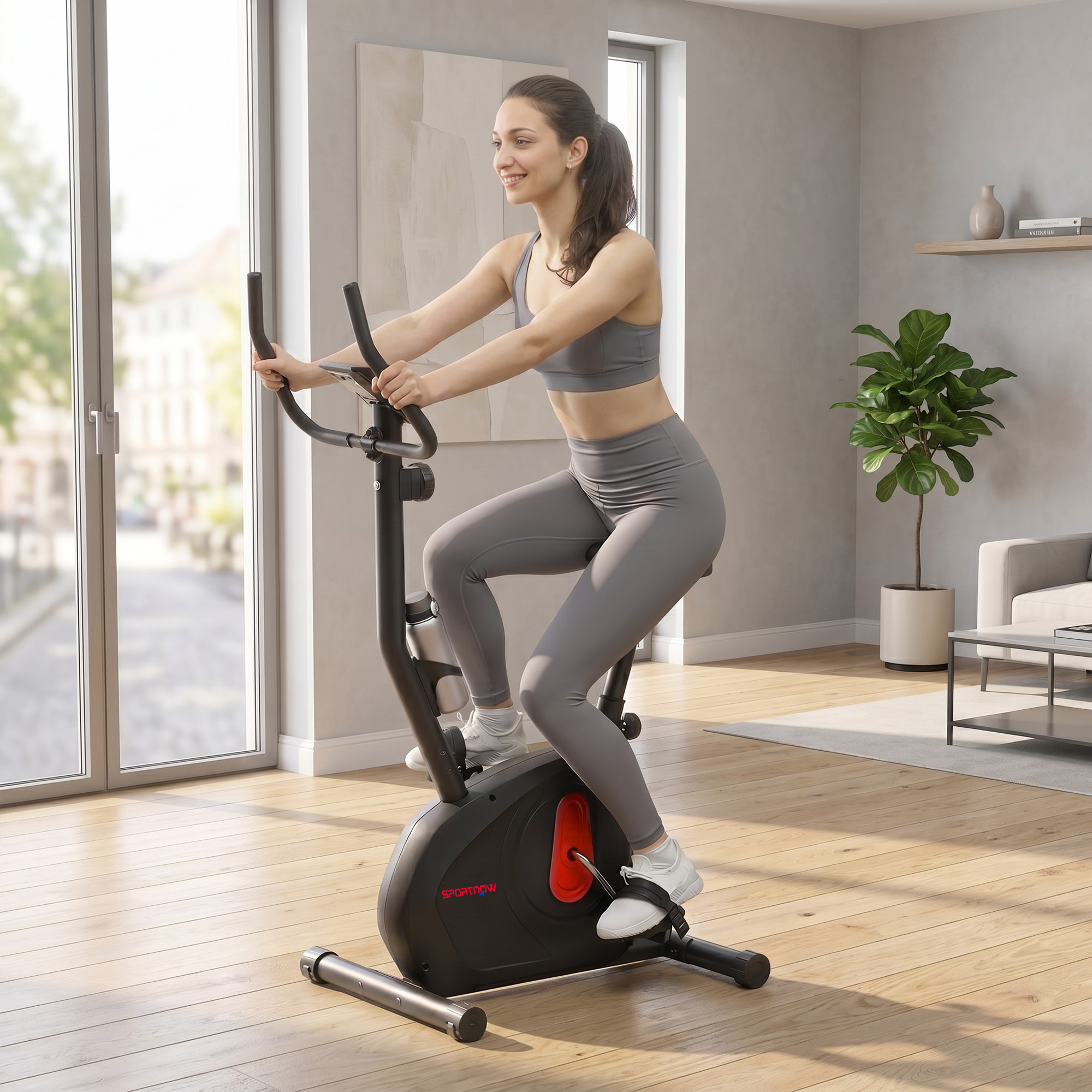 Una mujer sonriente con ropa deportiva gris hace ejercicio en una bicicleta estática negra en una sala luminosa.
