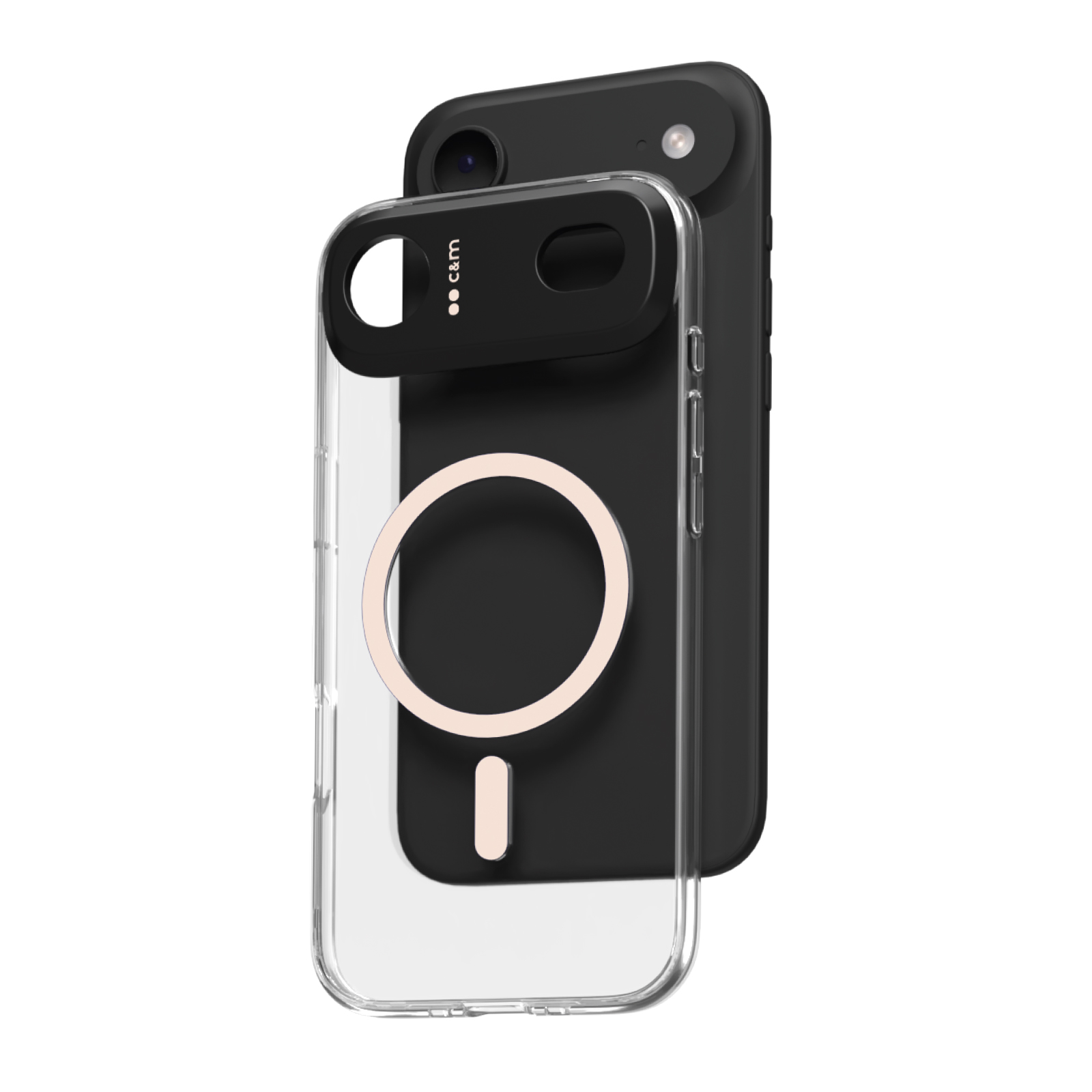 Un smartphone negro con funda transparente magnética con módulo de cámara negro y anillo rosa.