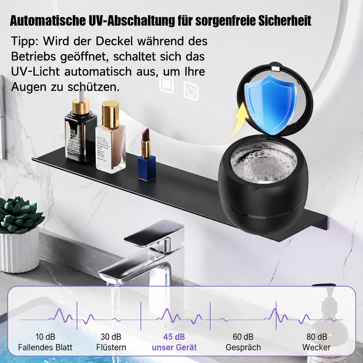 Ein UV-Reiniger auf einem Regal im Badezimmer mit erklärendem Text.