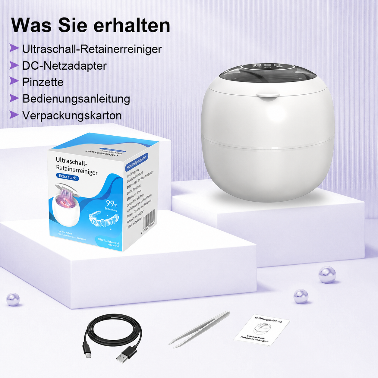 Ultraschall-Retainerreiniger mit Zubehör und Box auf Podesten vor lila Hintergrund.
