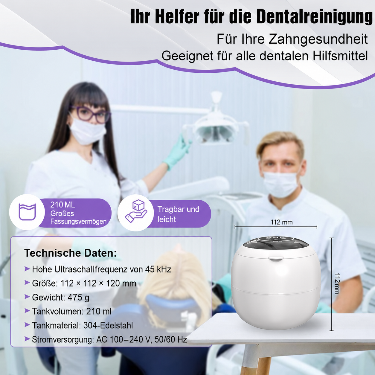 Ein weißes Ultraschall-Reinigungsgerät steht in einer Zahnarztpraxis neben Zahnärzten.