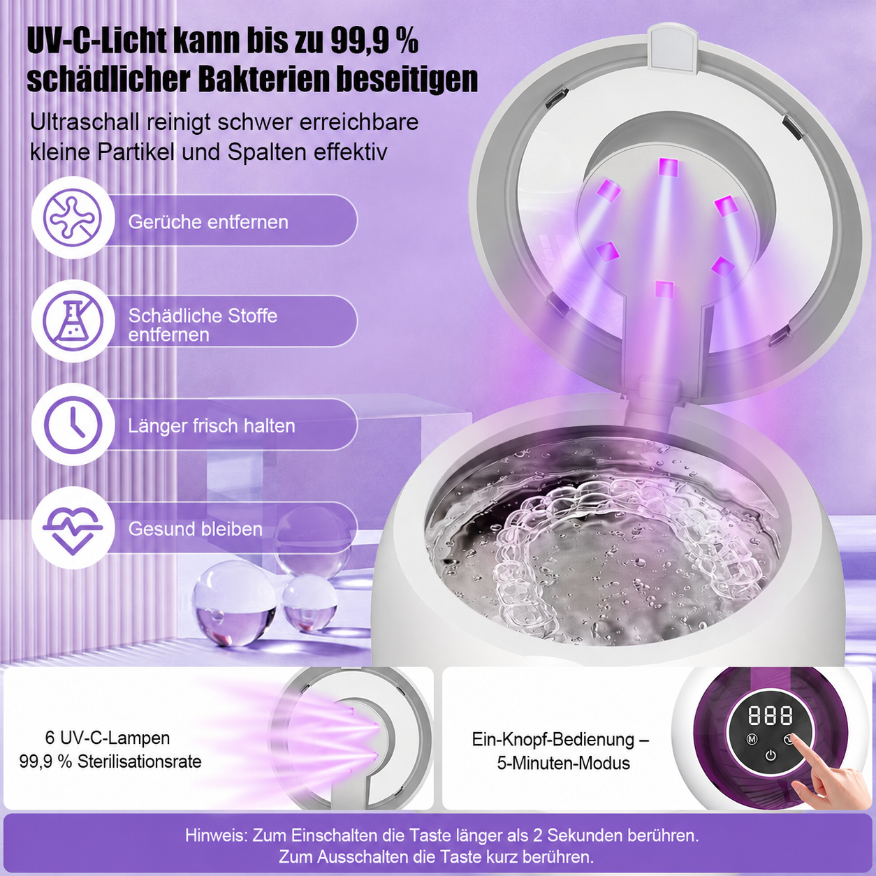 Ein UV-C-Reiniger sterilisiert eine Zahnspange in Wasser, mit deutschen Produktmerkmalen.