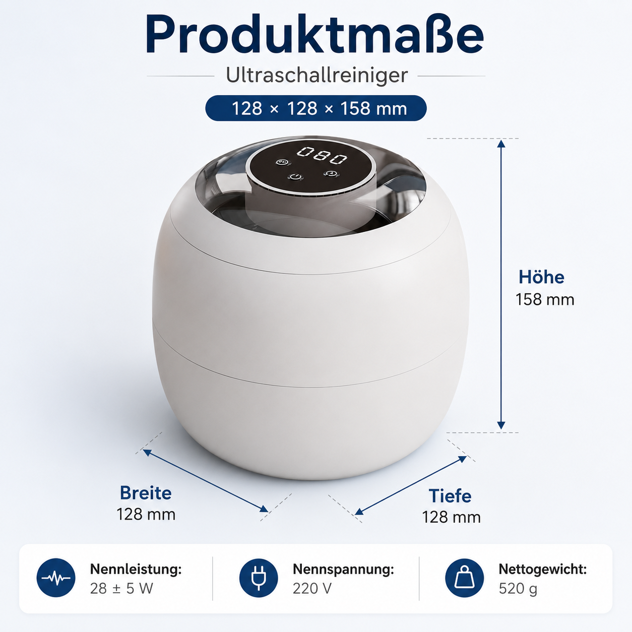 Produktmaße eines runden, weißen Ultraschallreinigers mit technischen Daten wie Höhe, Breite und Gewicht.