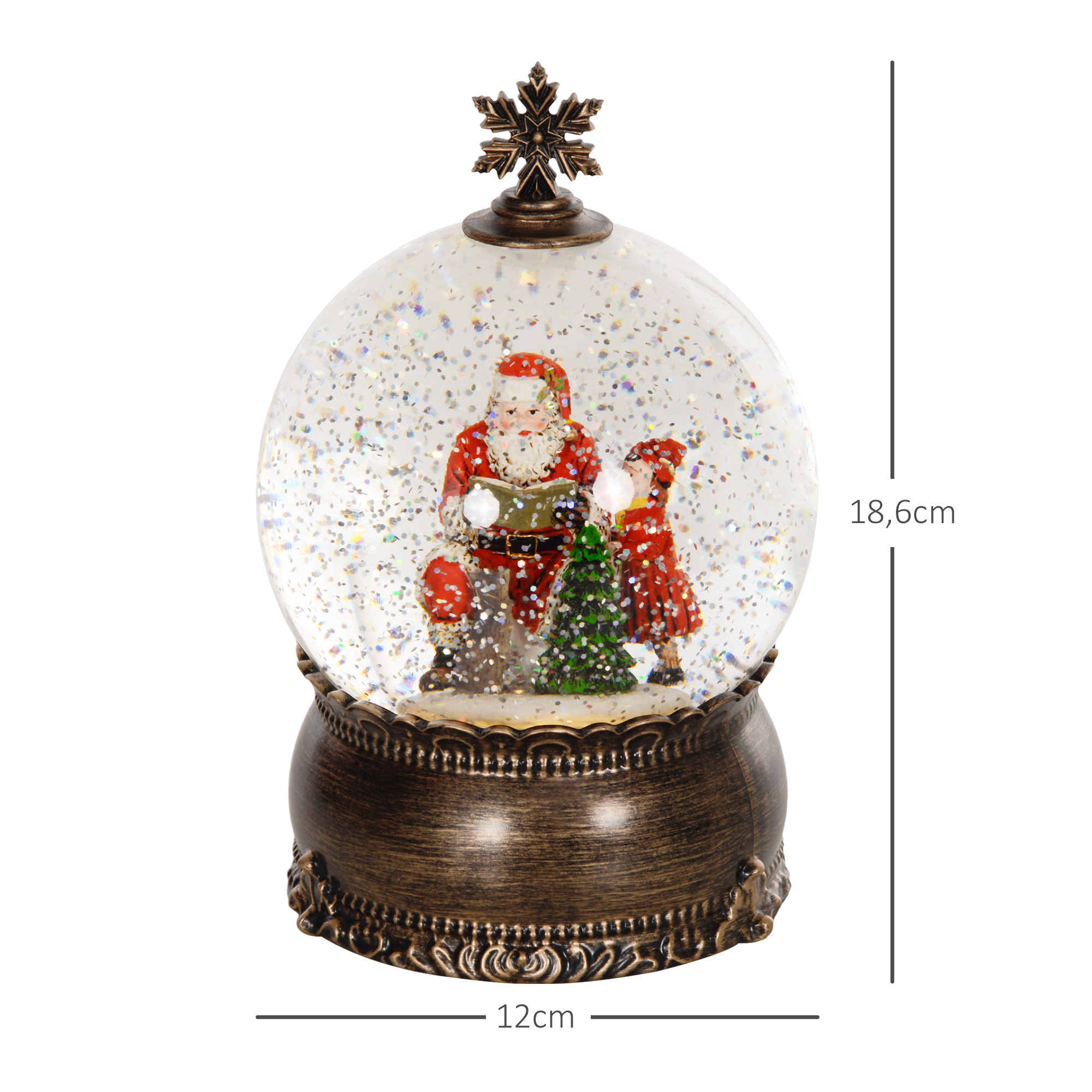 Bola de nieve navideña con Papá Noel y un niño, 18,6 cm de alto y 12 cm de ancho, sobre base de bronce.