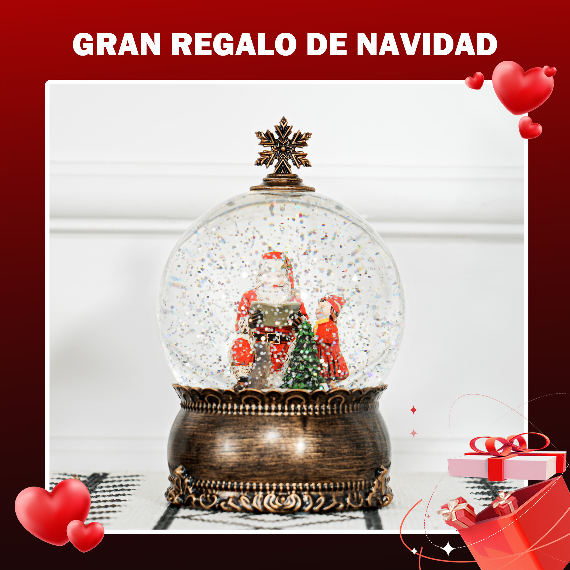 Una bola de nieve navideña con Papá Noel y un niño en nieve brillante sobre una base decorada.