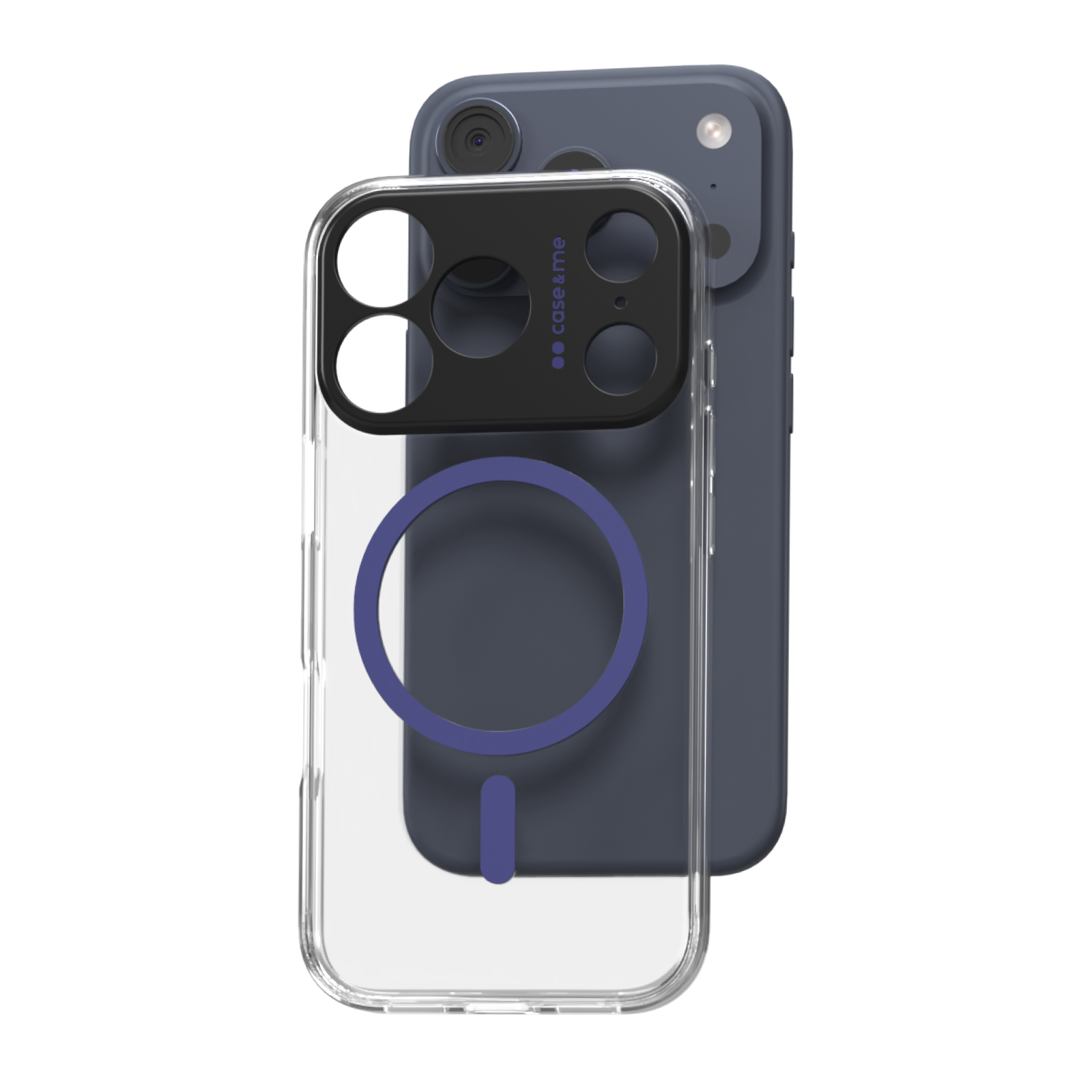 Una funda transparente MagSafe con anillo morado frente a un smartphone azul oscuro.