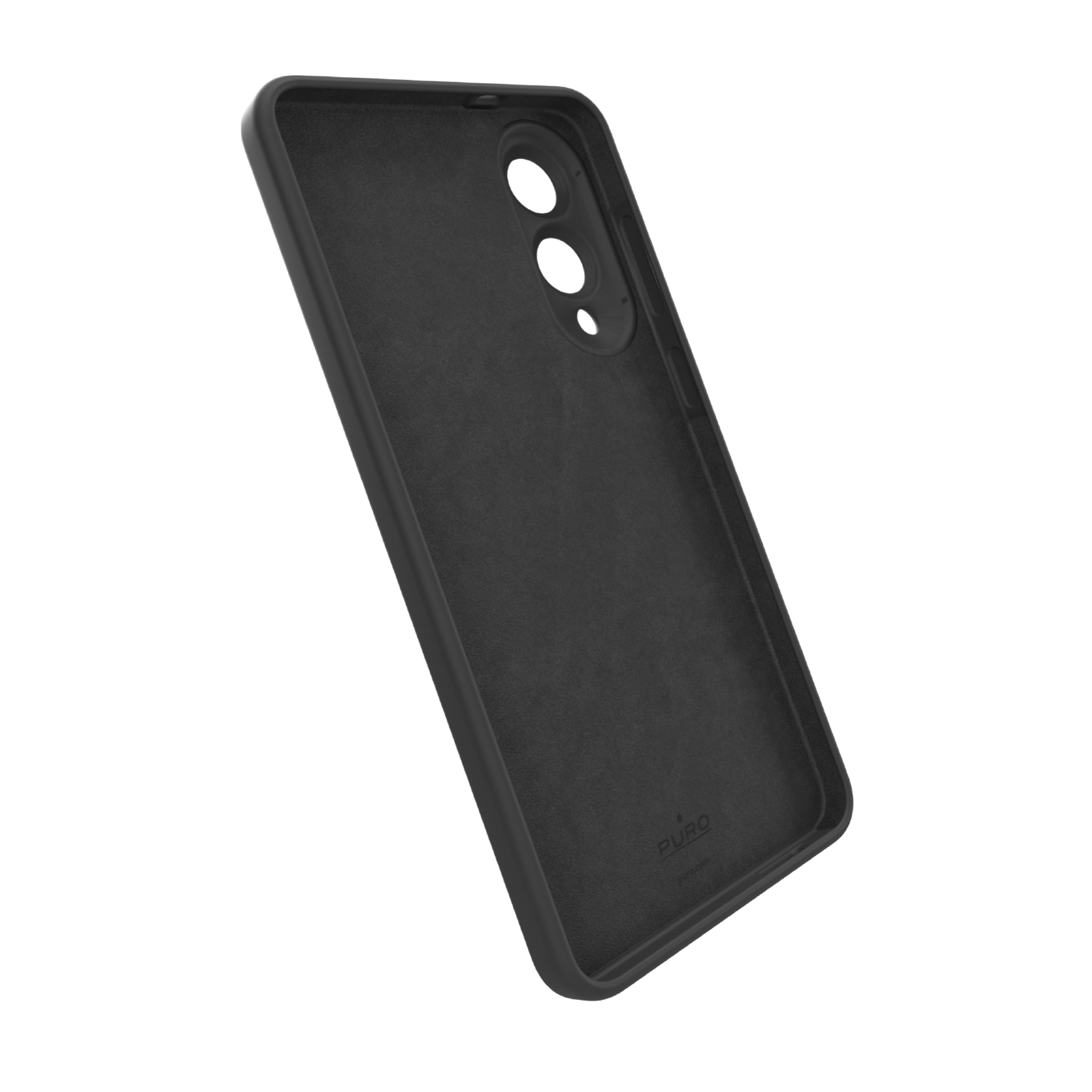 Una funda de smartphone negra vista desde dentro con recortes para la cámara y el logotipo en fondo blanco.