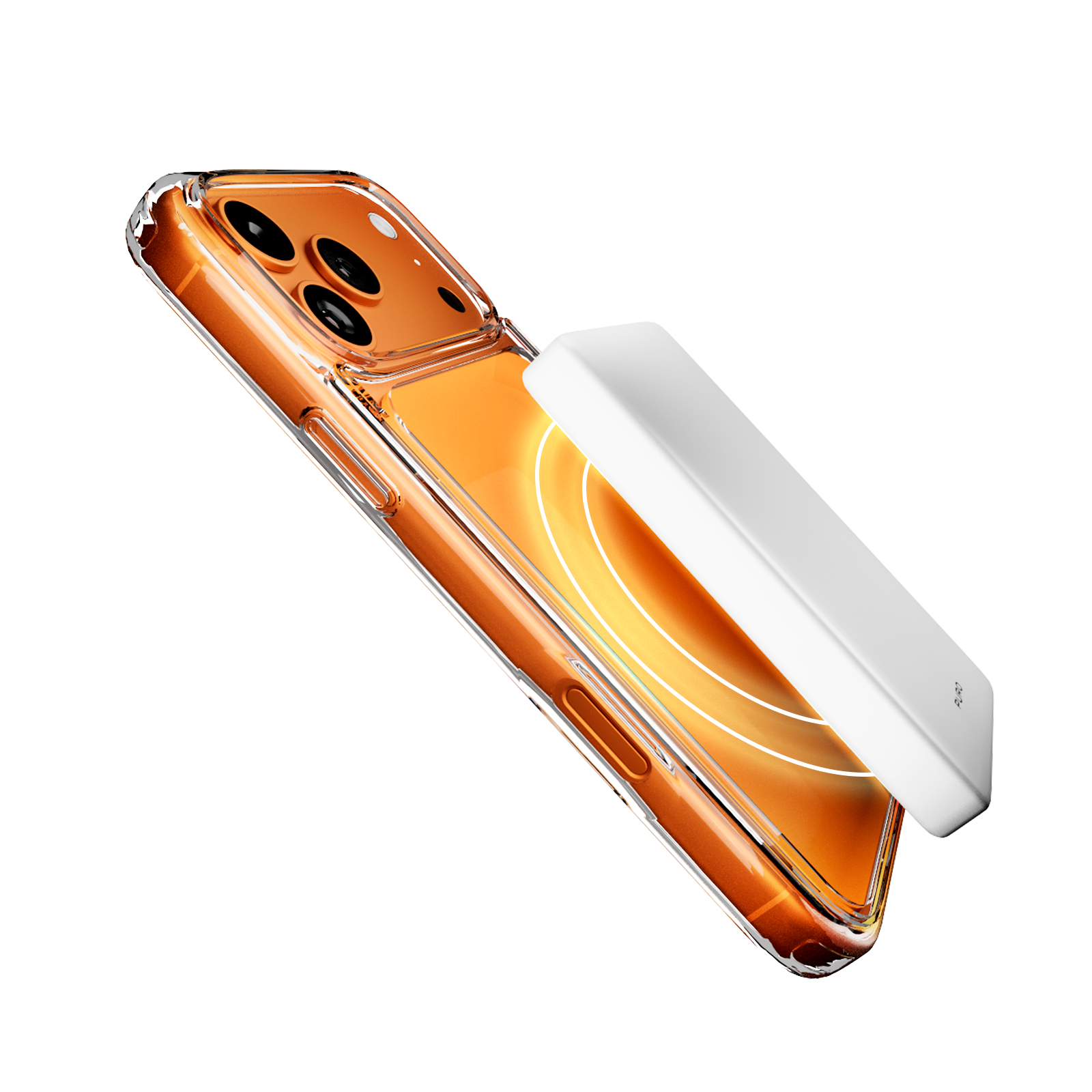 Uno smartphone arancione con custodia trasparente e batteria MagSafe bianca.
