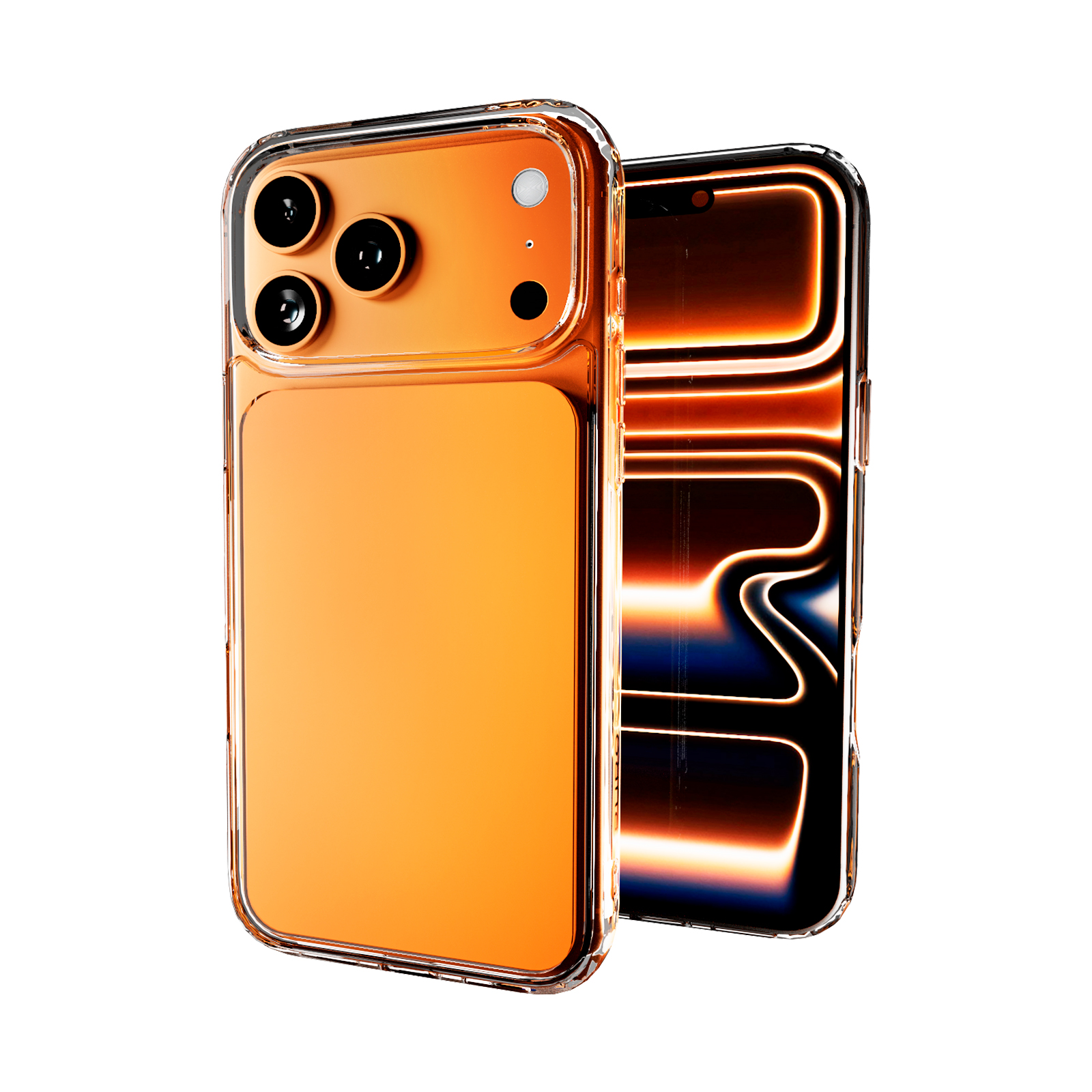 Due smartphone arancioni con cover trasparenti mostrati di spalle e di fronte su sfondo bianco.