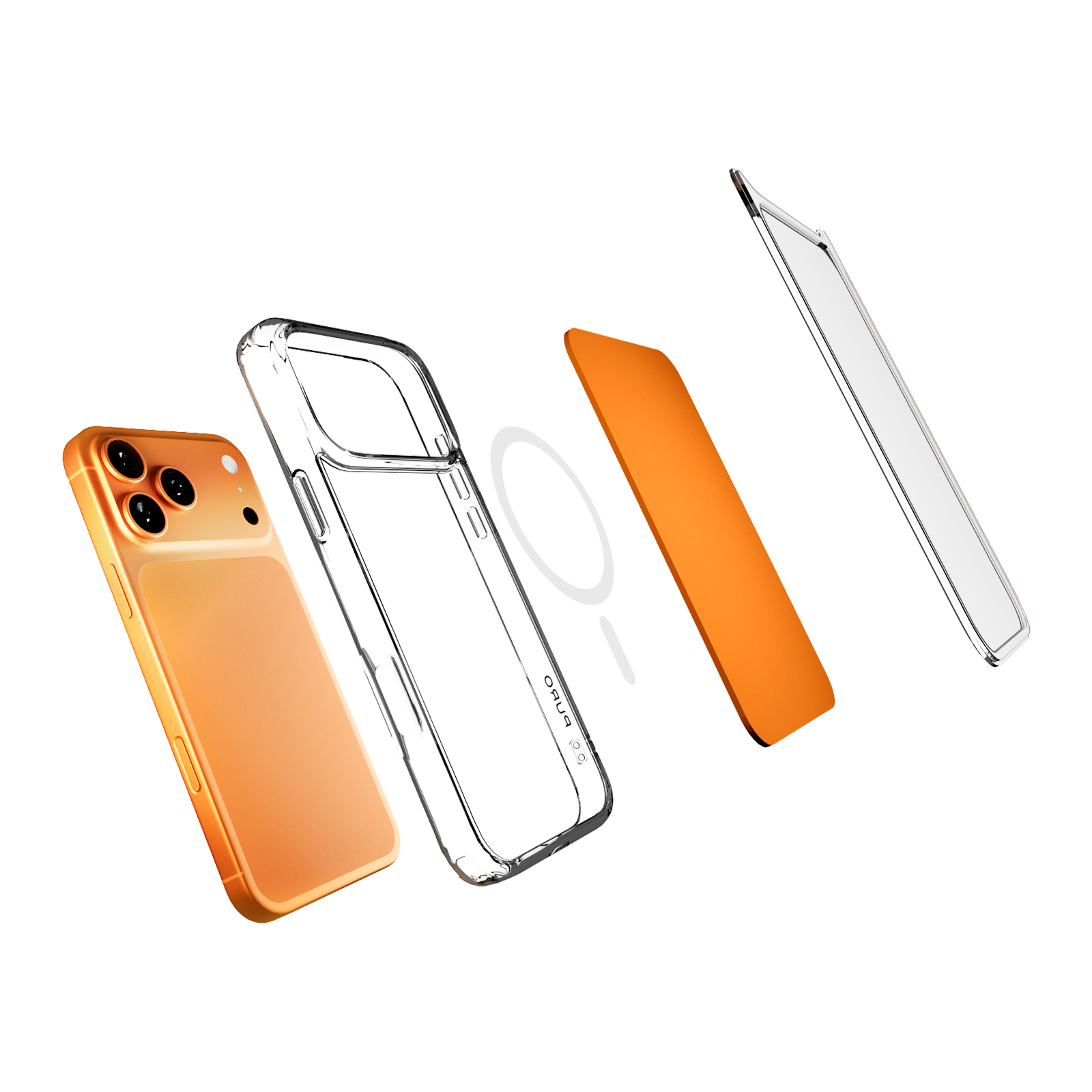 Vista esplosa di uno smartphone arancione con custodia trasparente, anello magnetico, inserto arancione e pellicola.