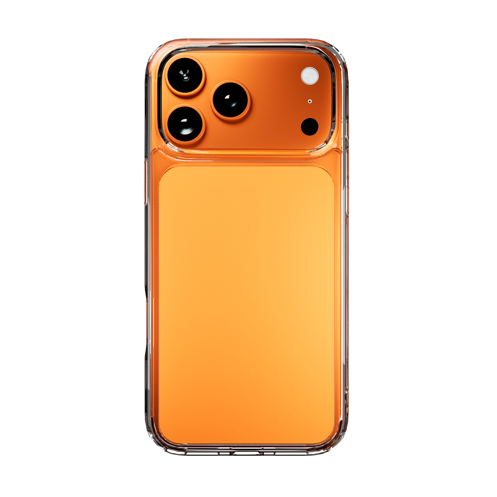 Smartphone arancione brillante in una custodia protettiva trasparente con tripla fotocamera.