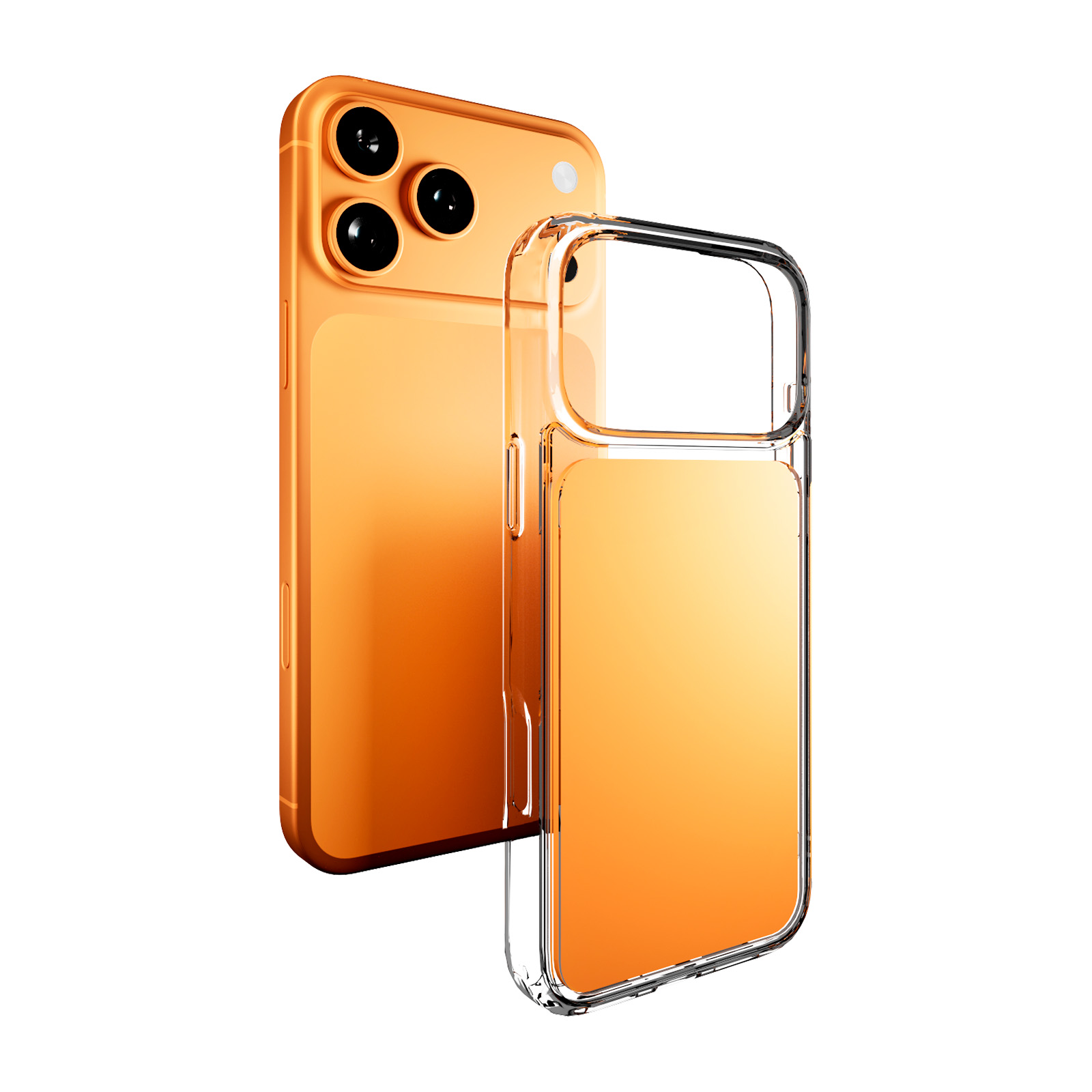 Uno smartphone arancione con tre fotocamere posteriori accanto a una custodia protettiva trasparente.