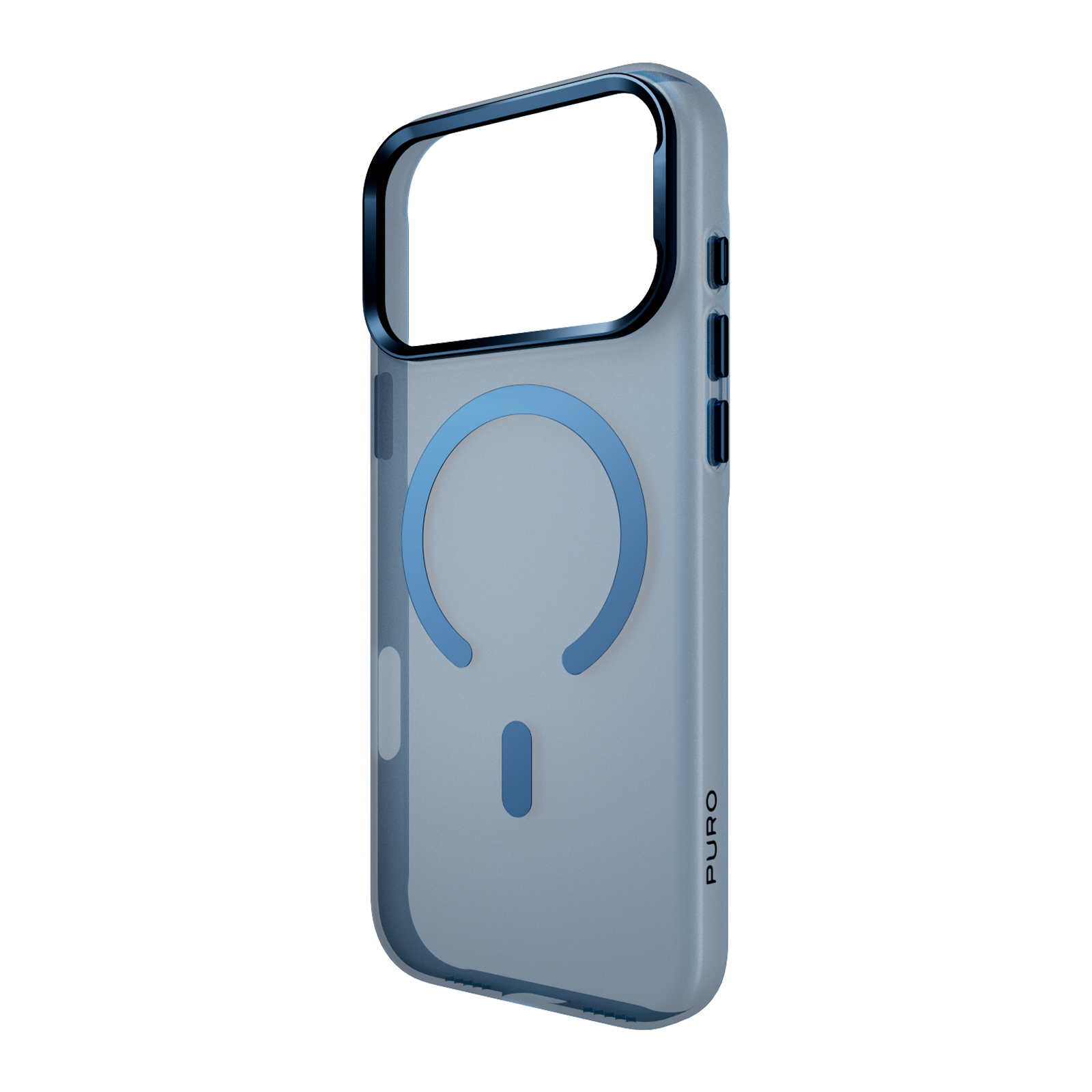 Custodia per telefono trasparente blu con anello MagSafe e logo PURO.