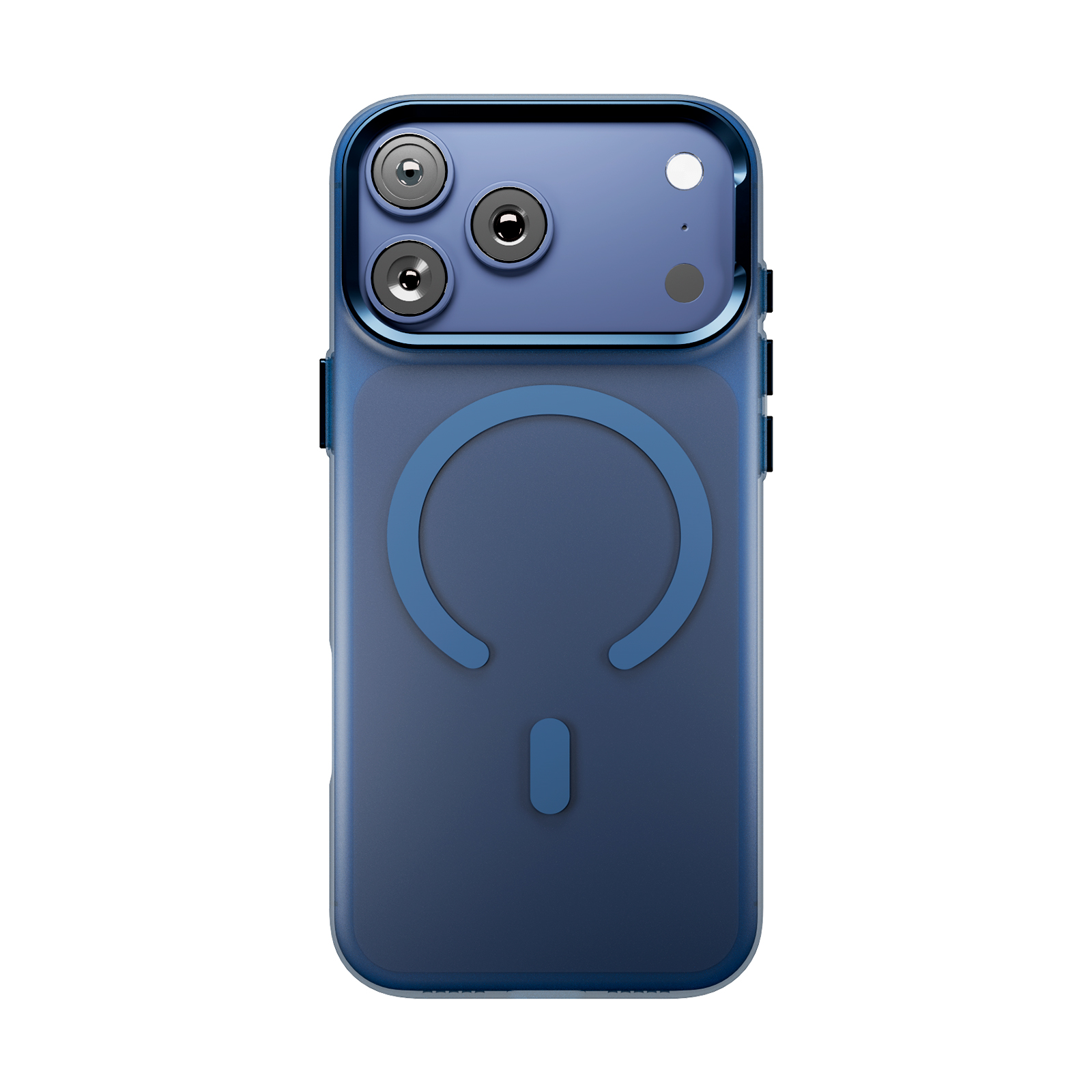Smartphone blu con tripla fotocamera e anello di ricarica circolare MagSafe sul retro.