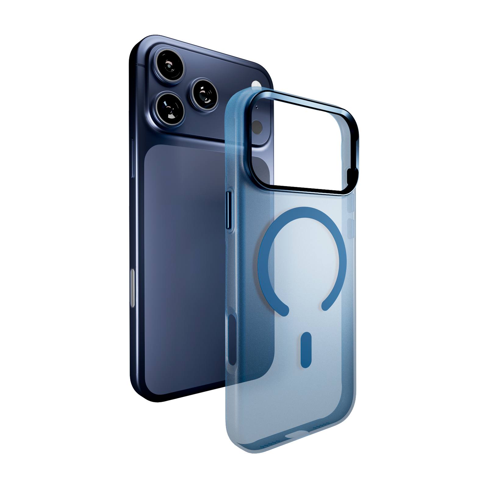 Smartphone blu scuro con tripla fotocamera e custodia protettiva blu abbinata su sfondo bianco.