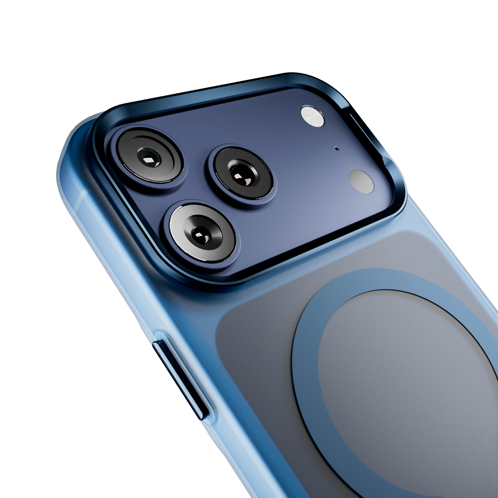 Retro di uno smartphone blu in una custodia protettiva con tre obiettivi fotografici e un anello MagSafe.
