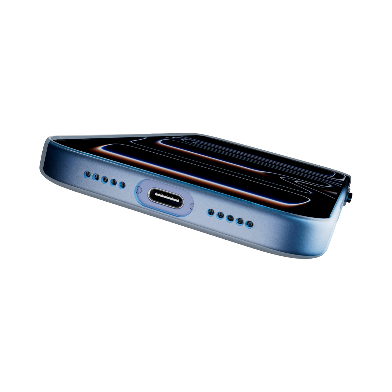 Vista dal basso di uno smartphone blu con porta USB-C e altoparlanti su sfondo bianco.