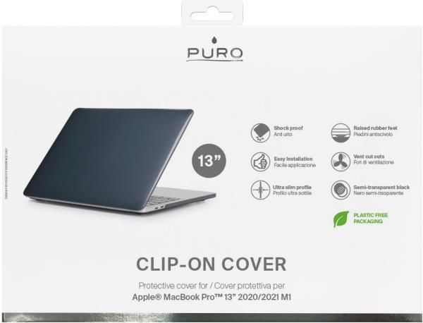 Empaque de producto para una funda protectora negra Puro clip-on para MacBook Pro de 13 pulgadas.