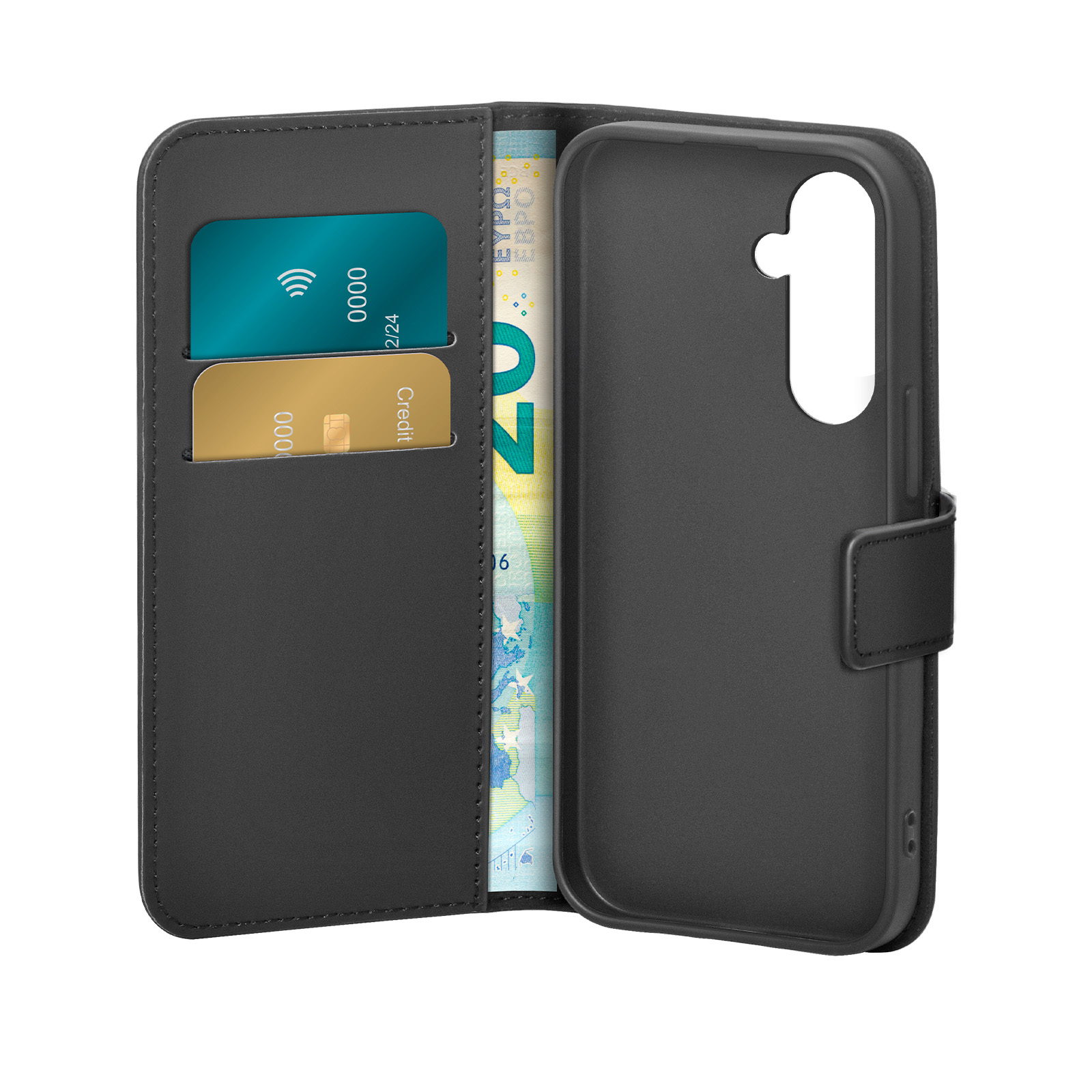 Custodia per cellulare in pelle nera con tasche per carte e banconota.