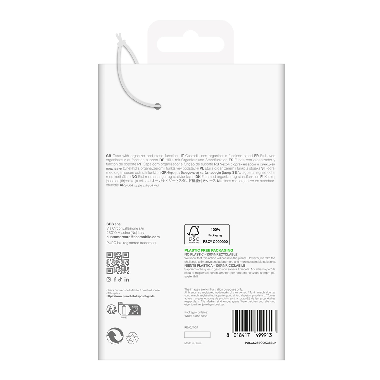 Retro di una confezione di prodotto con testo, logo FSC, codice QR e codice a barre.