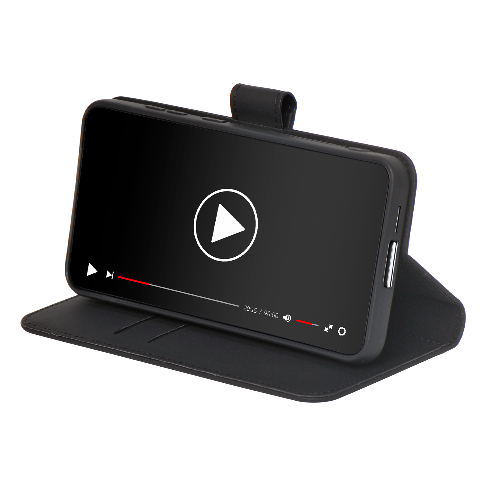 Uno smartphone nero in una custodia di pelle mostra un lettore video con un'icona di riproduzione.