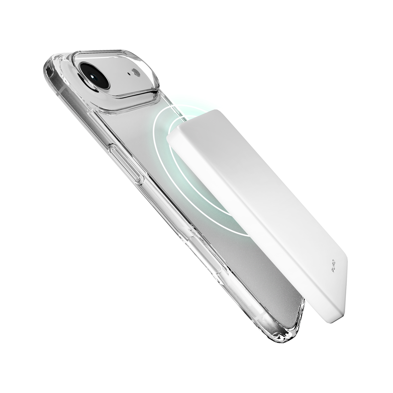 Una batería externa blanca carga de forma inalámbrica un smartphone en funda transparente.