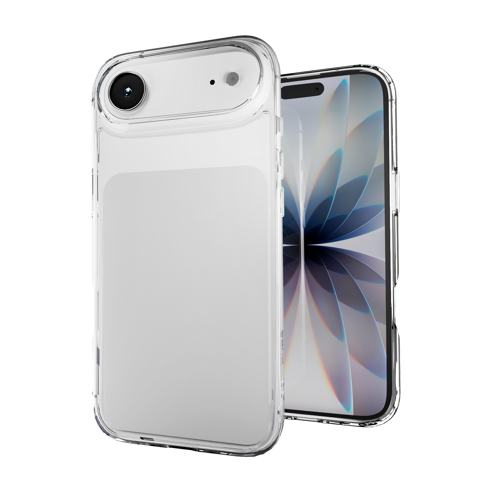 Un teléfono inteligente en una funda transparente, con un fondo de pantalla floral y la cámara trasera.
