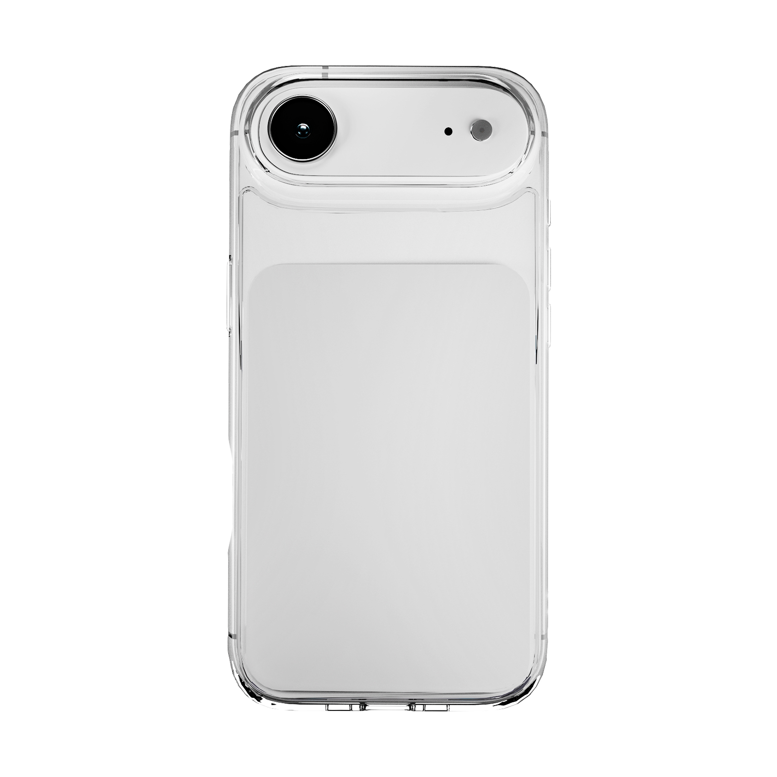 Parte trasera de un smartphone en una funda protectora transparente con una sola cámara.