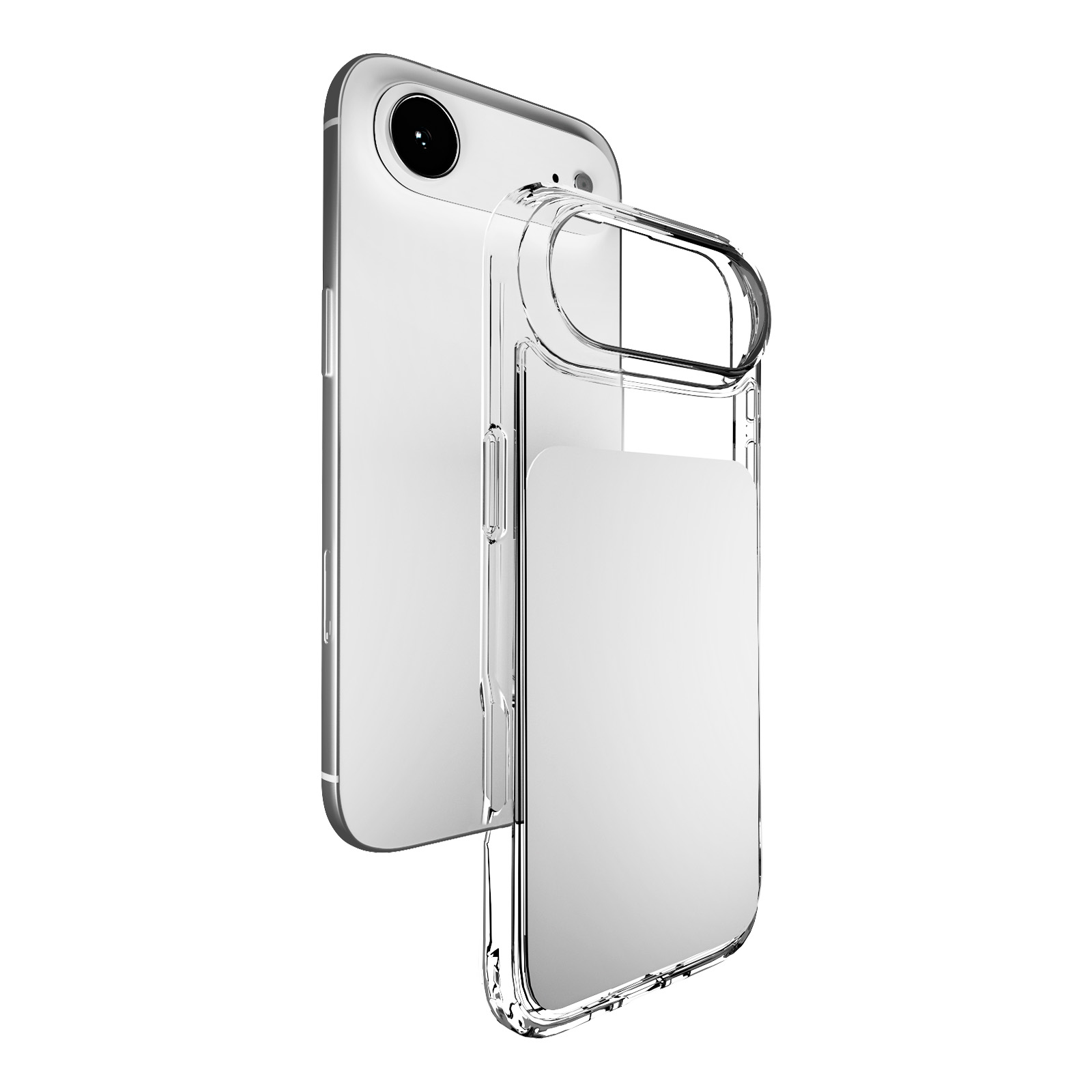 Un teléfono inteligente plateado se encuentra detrás de una funda protectora transparente con un tarjetero blanco.
