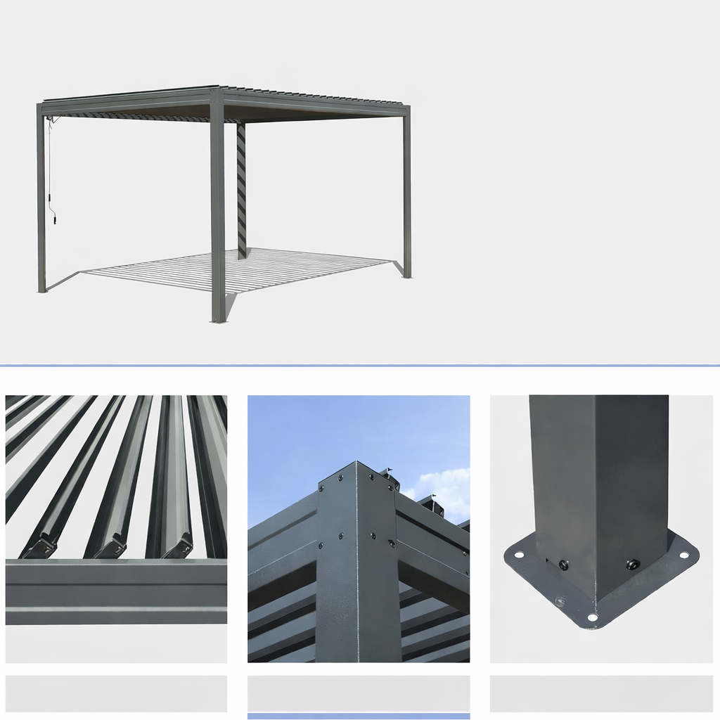 Szara metalowa pergola z regulowanymi lamelami oraz zbliżeniami na dach, narożniki i podstawę.