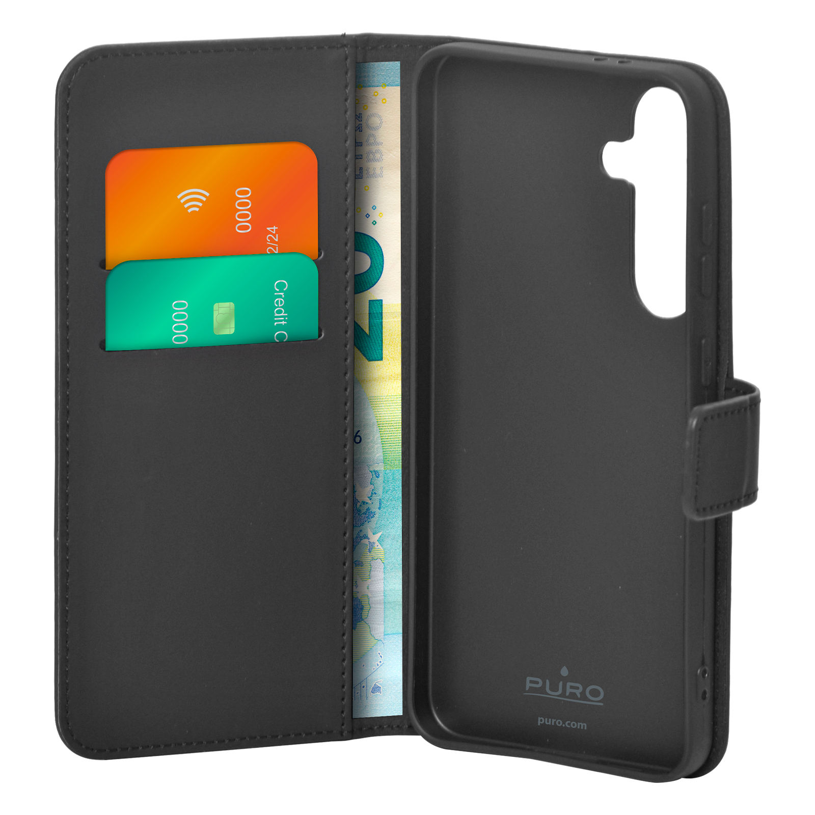 Funda de móvil de cuero negro tipo libro con dos tarjetas de crédito y billete en el bolsillo.