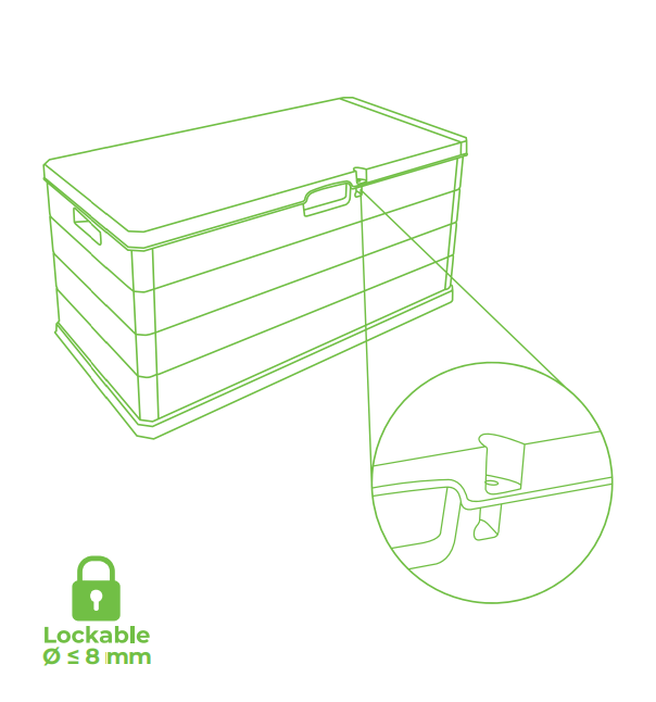 Zielony rysunek liniowy skrzyni z powiększonym detalem zamka i napisem Lockable ≤ 8 mm.