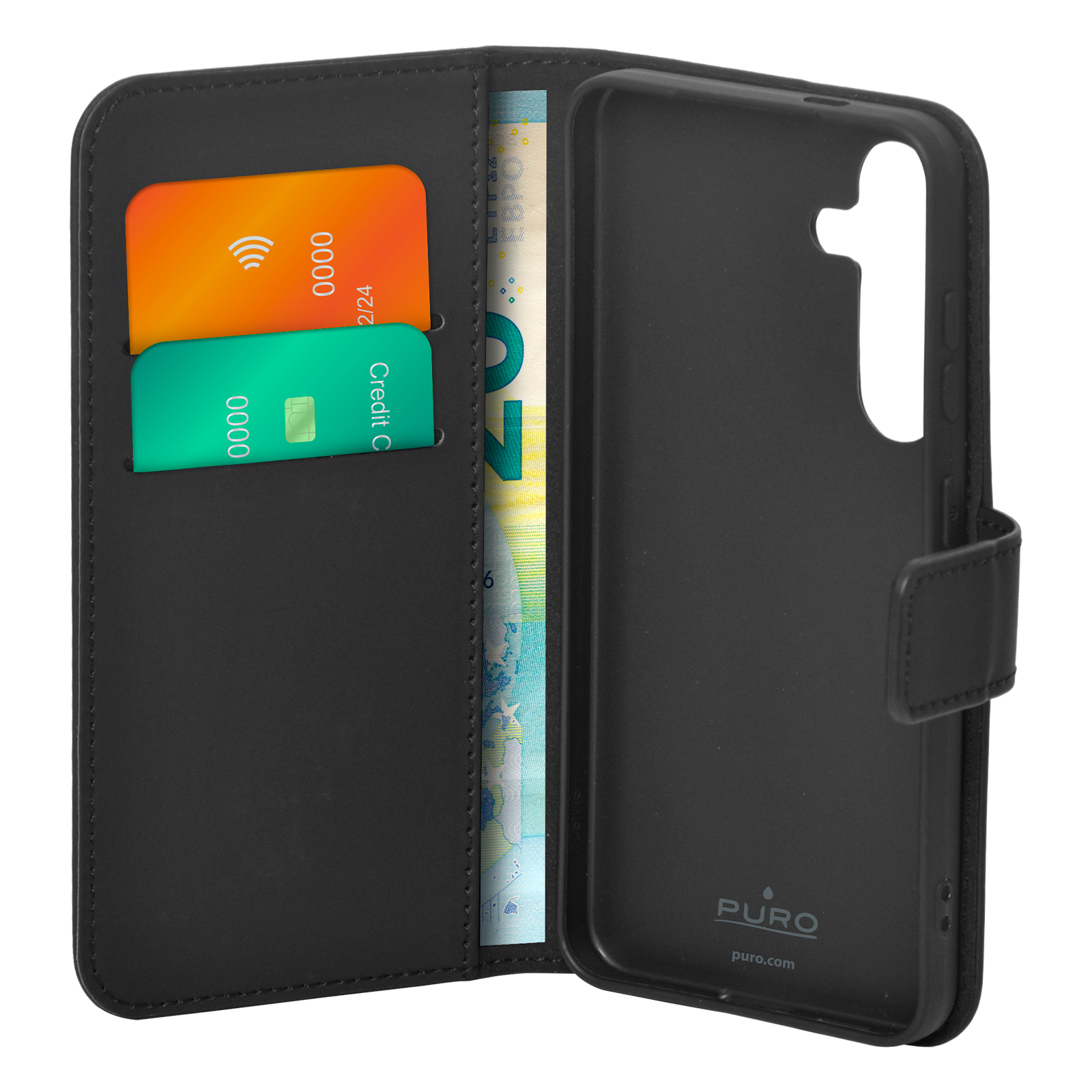 Custodia a portafoglio in pelle nera per telefono con tasche per carte e banconota.