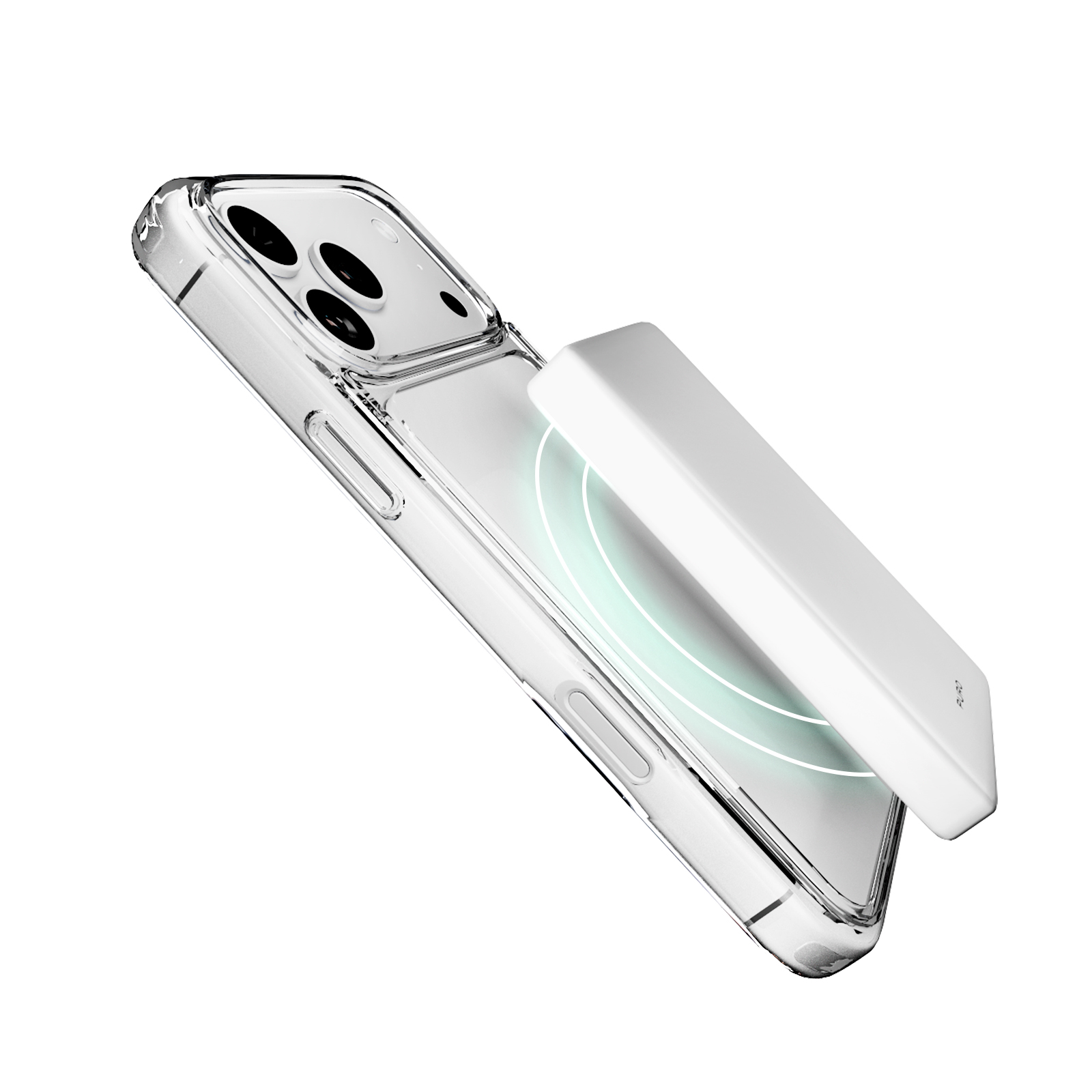 Uno smartphone in una cover trasparente con un power bank wireless sul retro su sfondo bianco.