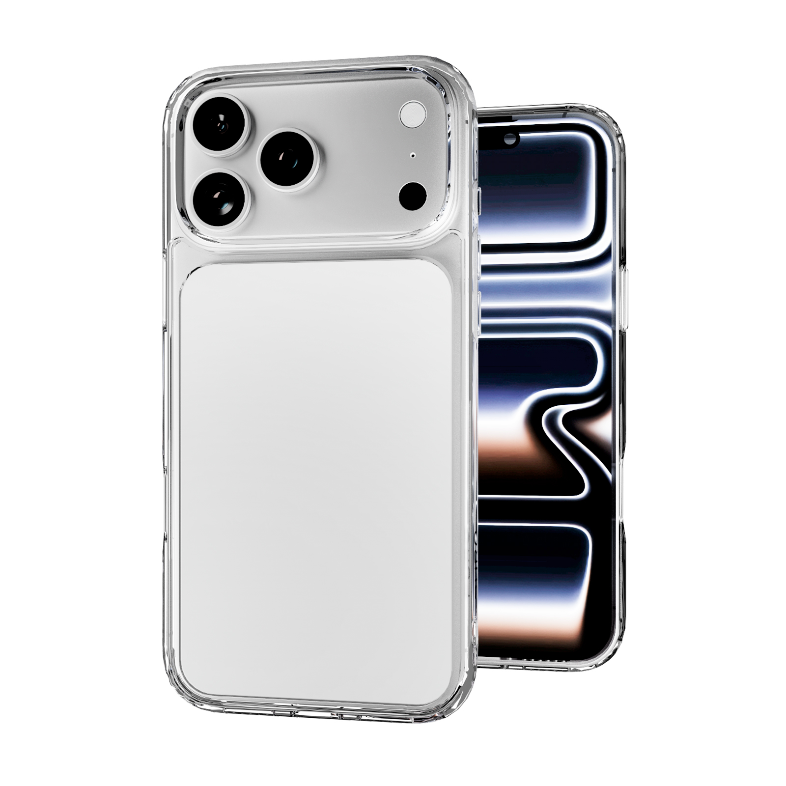 Uno smartphone in una custodia protettiva trasparente, che mostra la parte anteriore e posteriore.