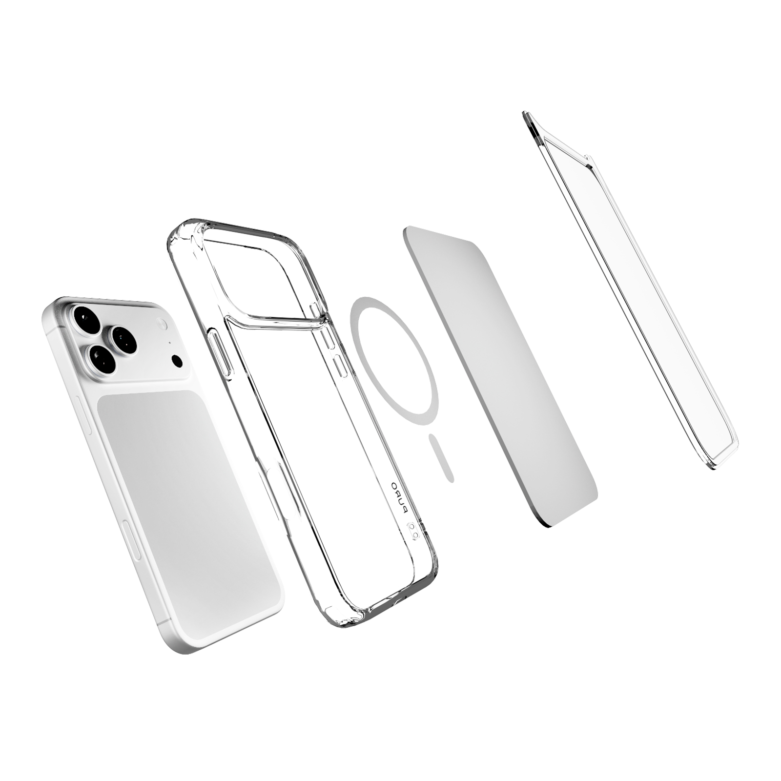 Vista esplosa di uno smartphone, cover trasparente, anello magnetico, pannello posteriore e cornice.